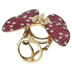 Vintage Amwaj Jewellery 18K Rose Gold Butterfly Ring with Ruby and Diamonds