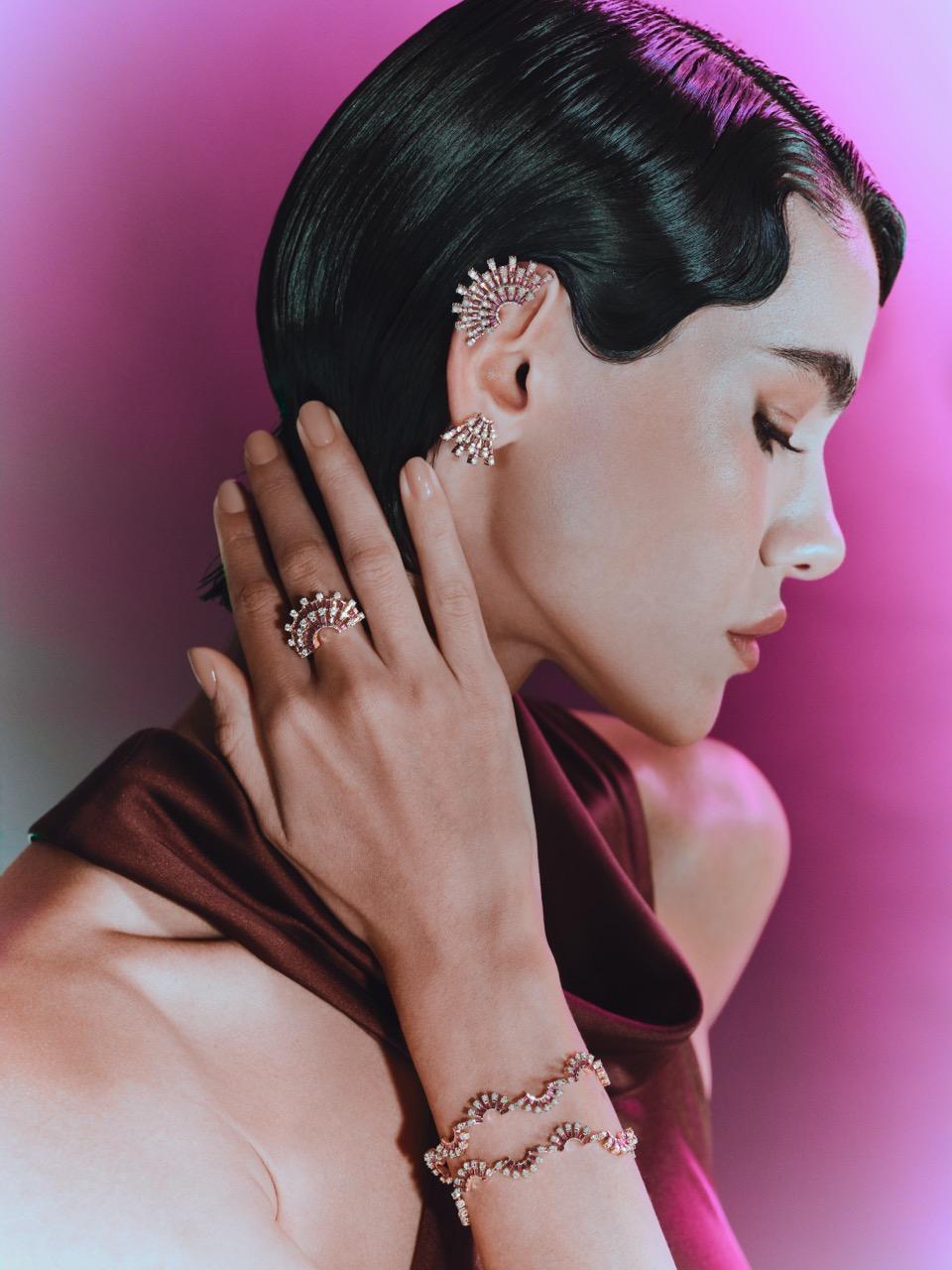 Art Deco Amwaj Jewellery 18K Rose Gold Earcuff with Rhodolite &Round Cut Diamonds . For Sale