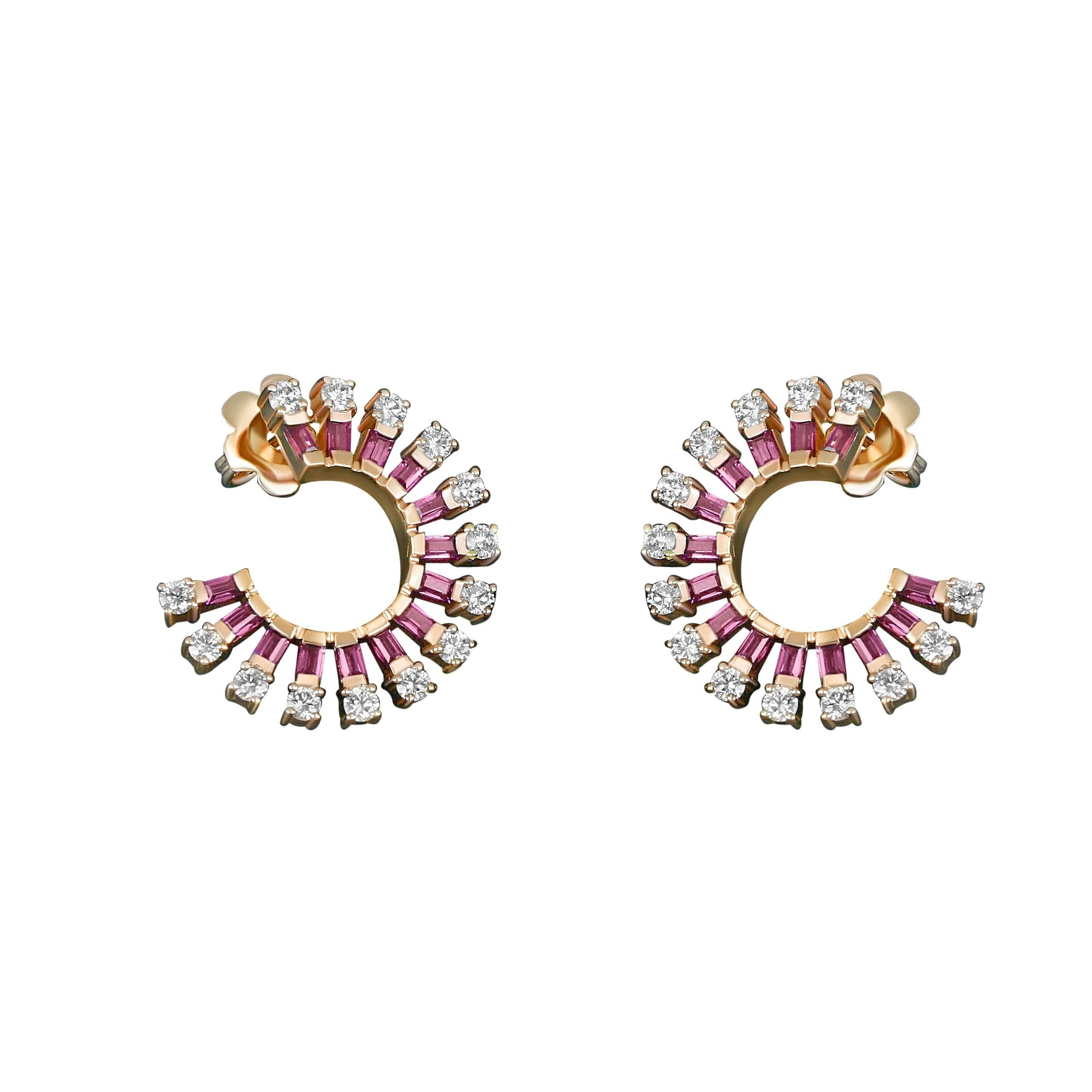 Amwaj Jewellery 18K Rose Gold Hoop Earrings with Rhodolite &Round Cut Diamonds . In New Condition For Sale In Abu Dhabi, Abu Dhabi
