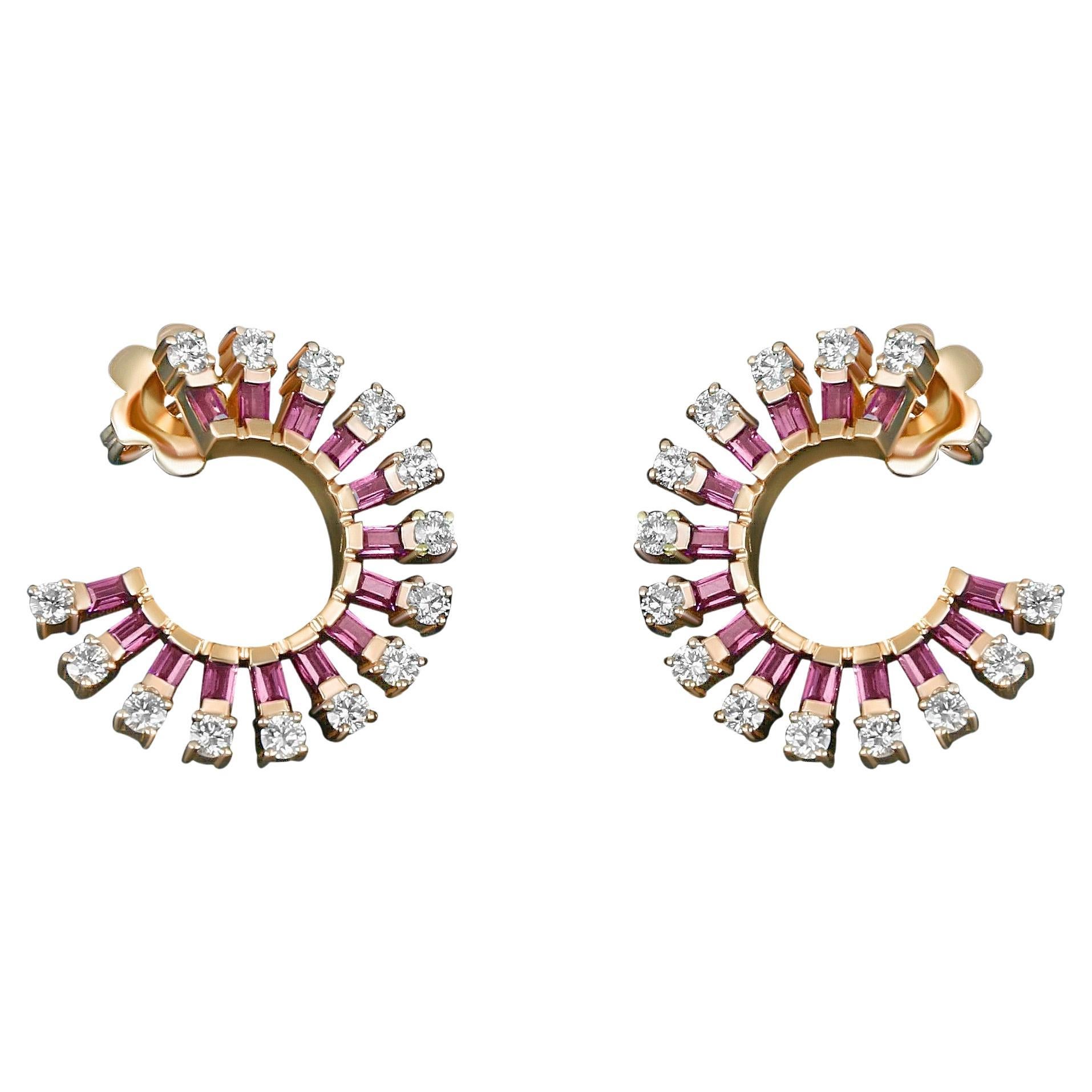 Amwaj Jewellery 18K Rose Gold Hoop Earrings with Rhodolite &Round Cut Diamonds .