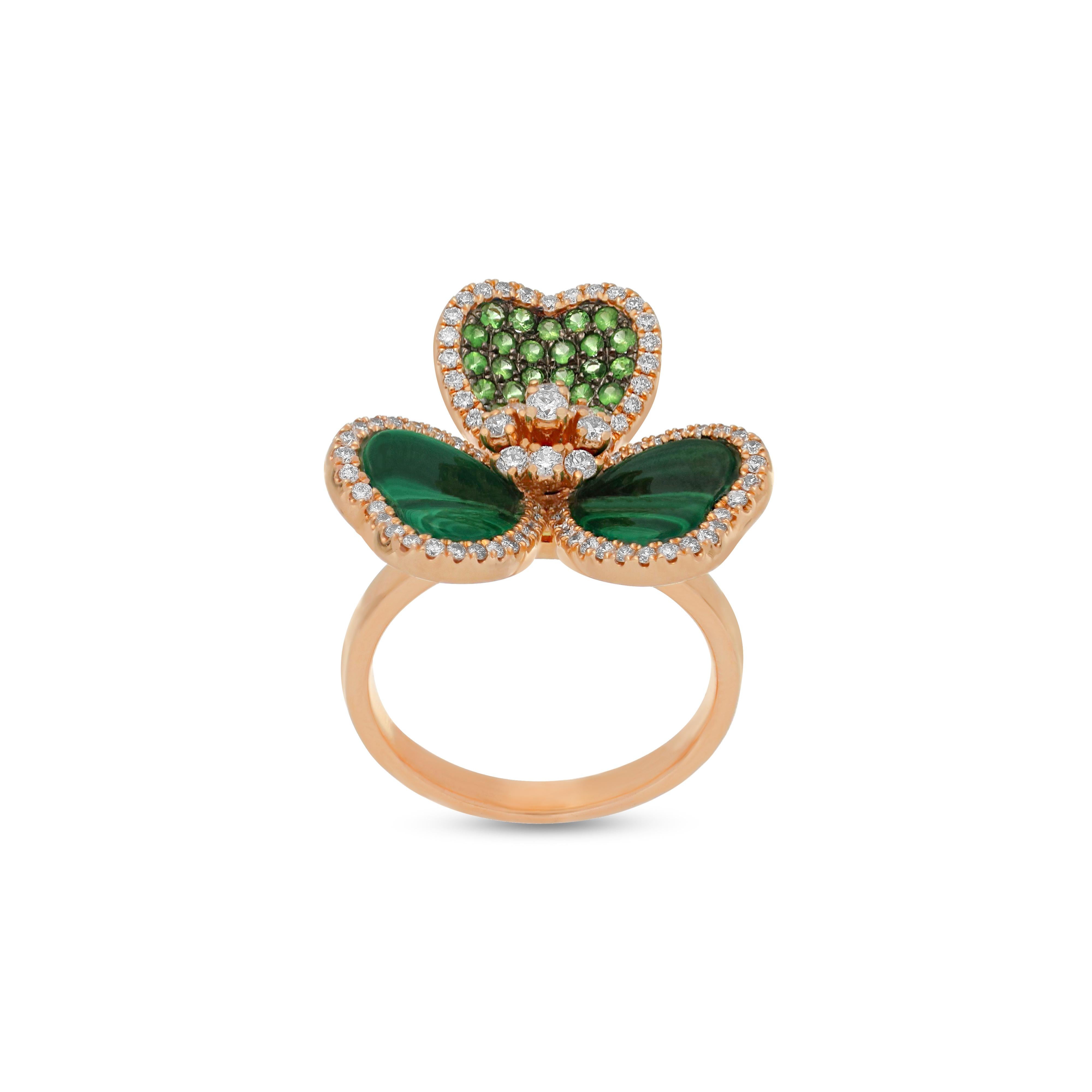 Art Deco Amwaj Jewellery 18K Rose Gold Ring with Peridot, Malachite and Brilliant Diamond