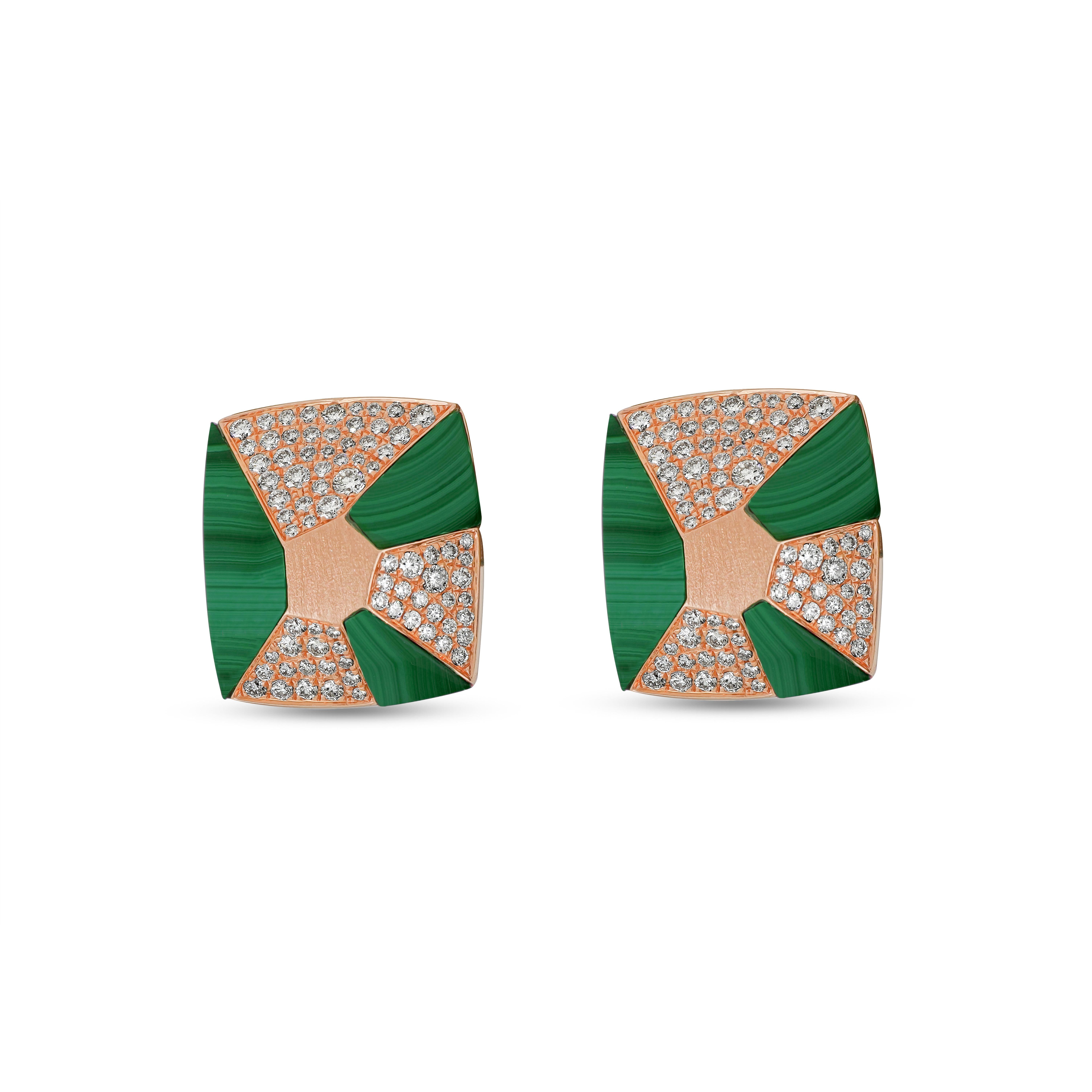 Rose Cut Amwaj Jewellery 18K Rose Gold with Malachite and Brilliant Diamond Earrings For Sale