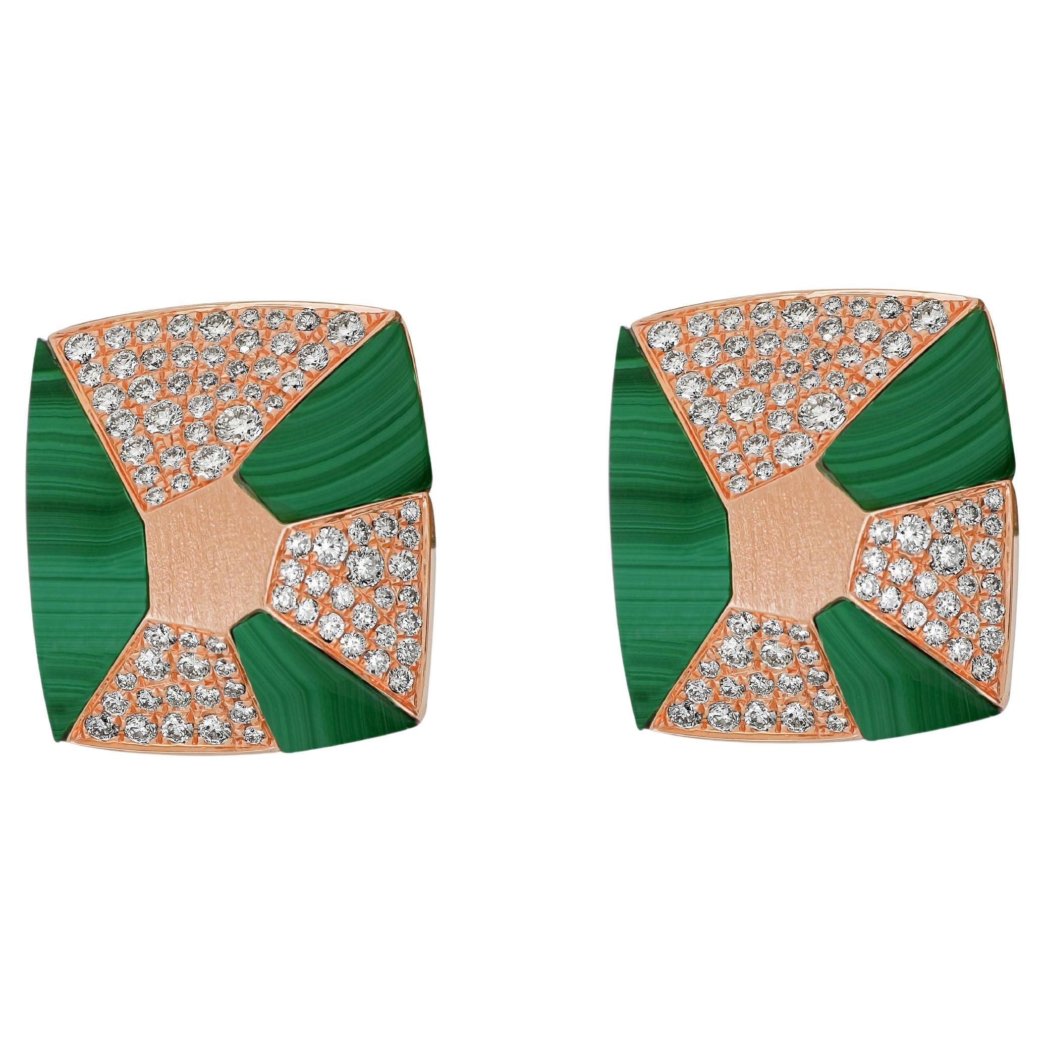 Amwaj Jewellery 18K Rose Gold with Malachite and Brilliant Diamond Earrings For Sale