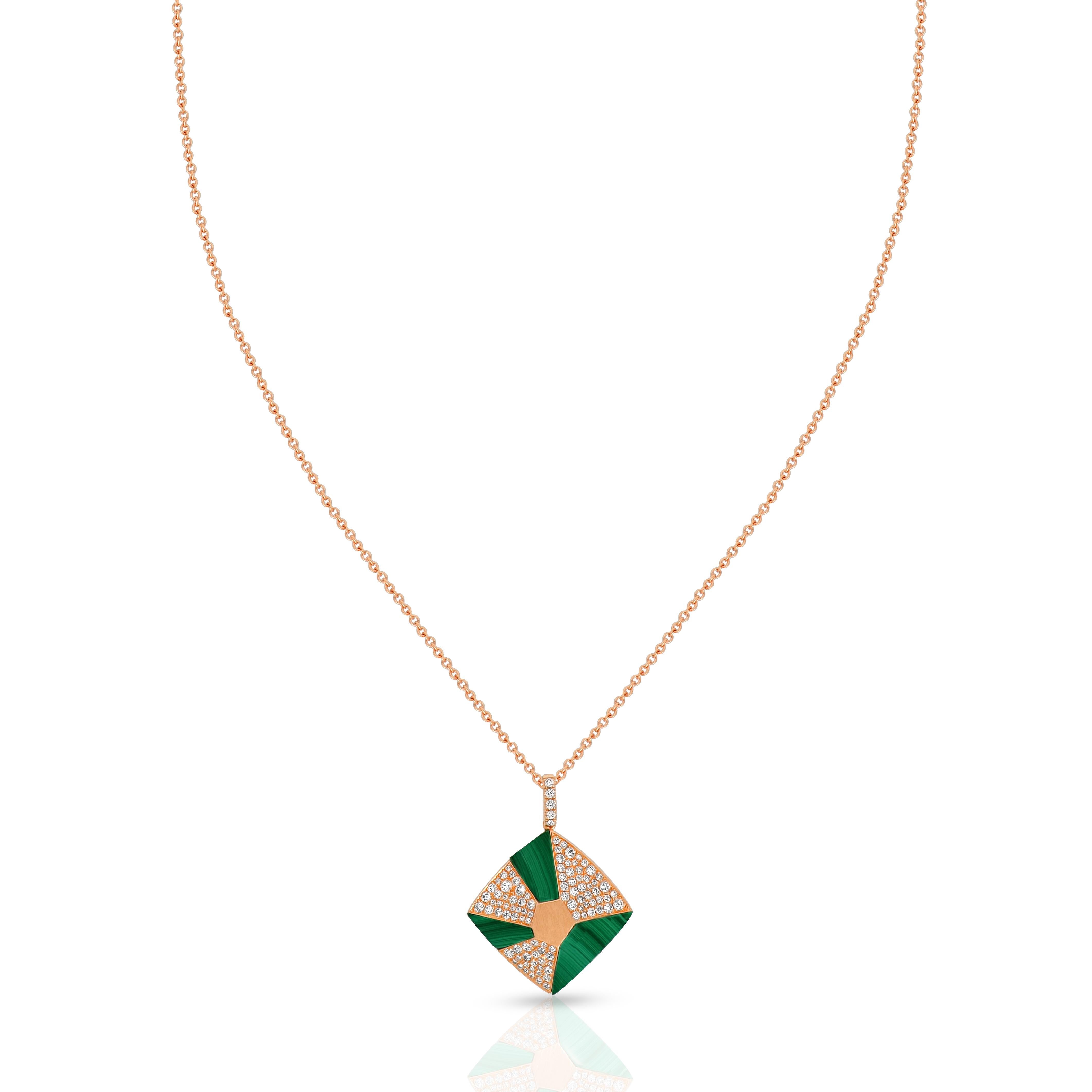 Art Deco Amwaj Jewellery 18K Rose Gold with Malachite and Brilliant Diamond Necklace For Sale