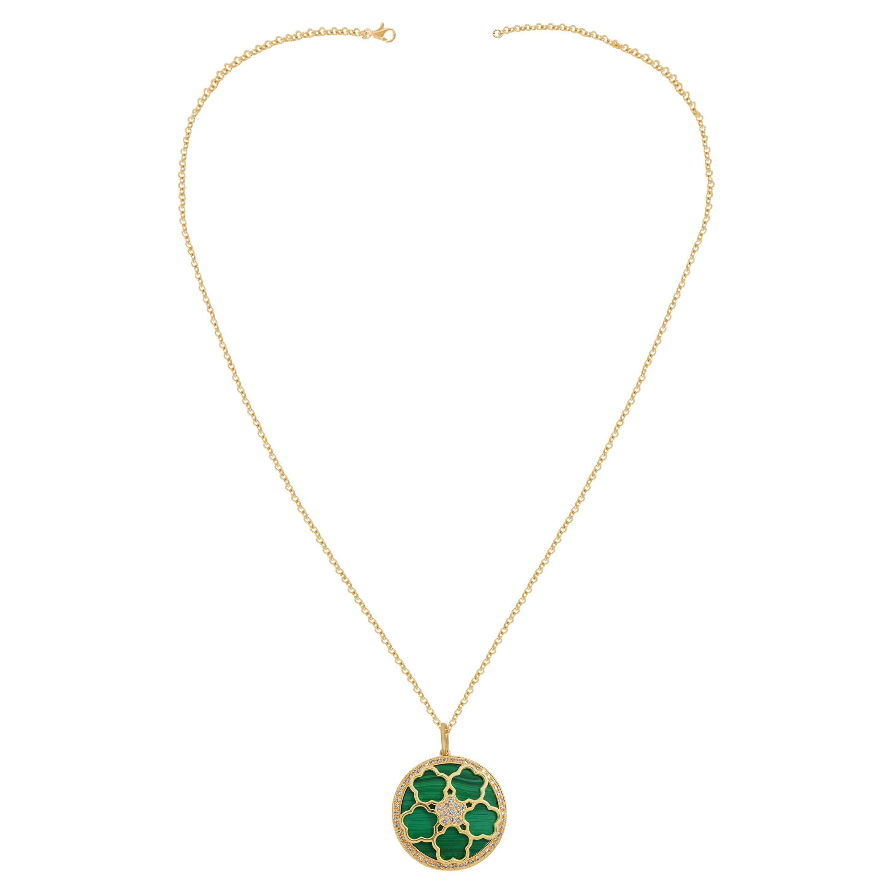 Amwaj Jewellery 18K Yellow Gold with Malachite and Brilliant Diamond Necklace For Sale