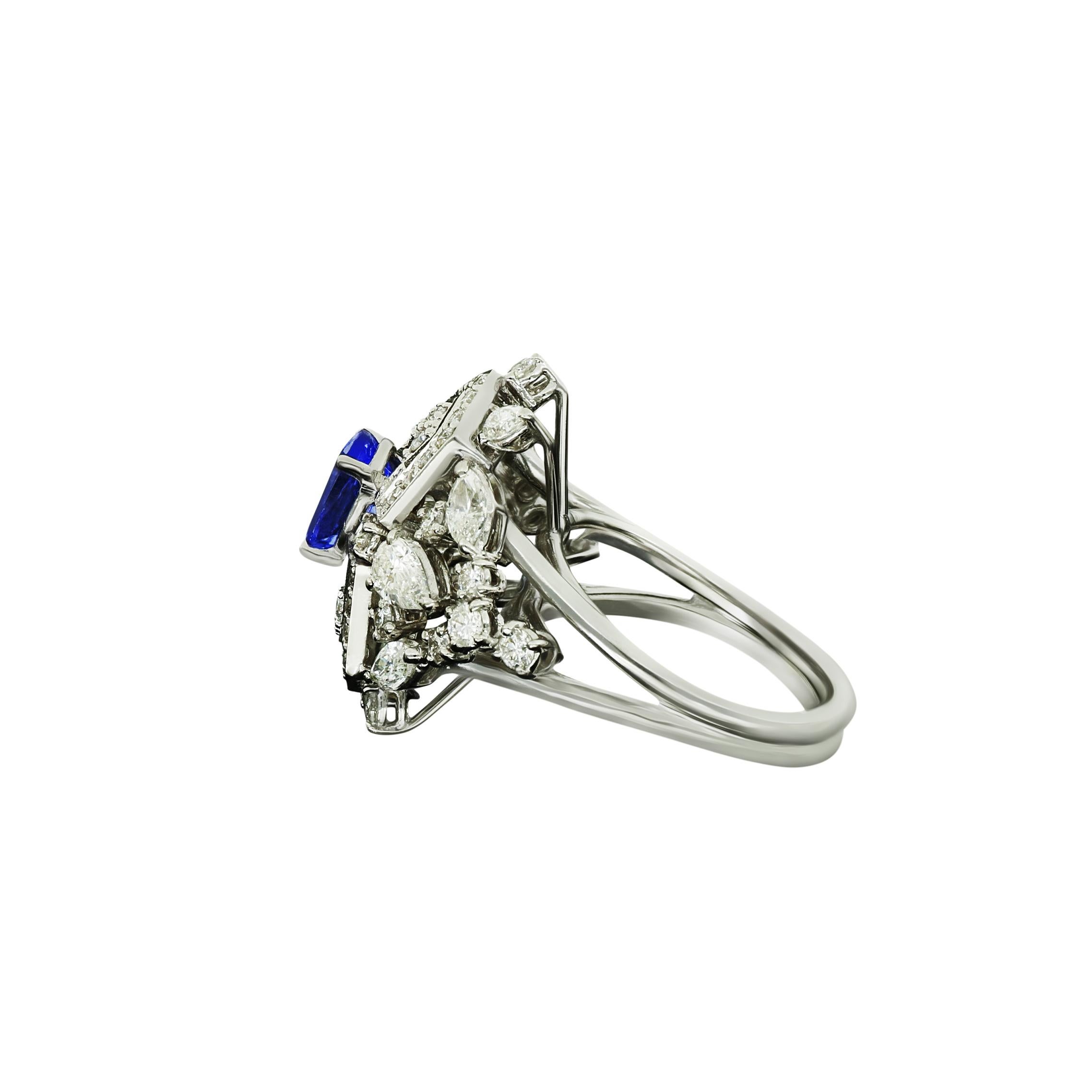 This 18K white gold ring by Amwaj jewellery features seemingly random arrangements of pear and round cut white diamonds which magnify the vibrant beauty of the 1.41ct oval tanzanite stone.
Diamonds (Total Carat Weight: 2.16 ct)
18 Karat White