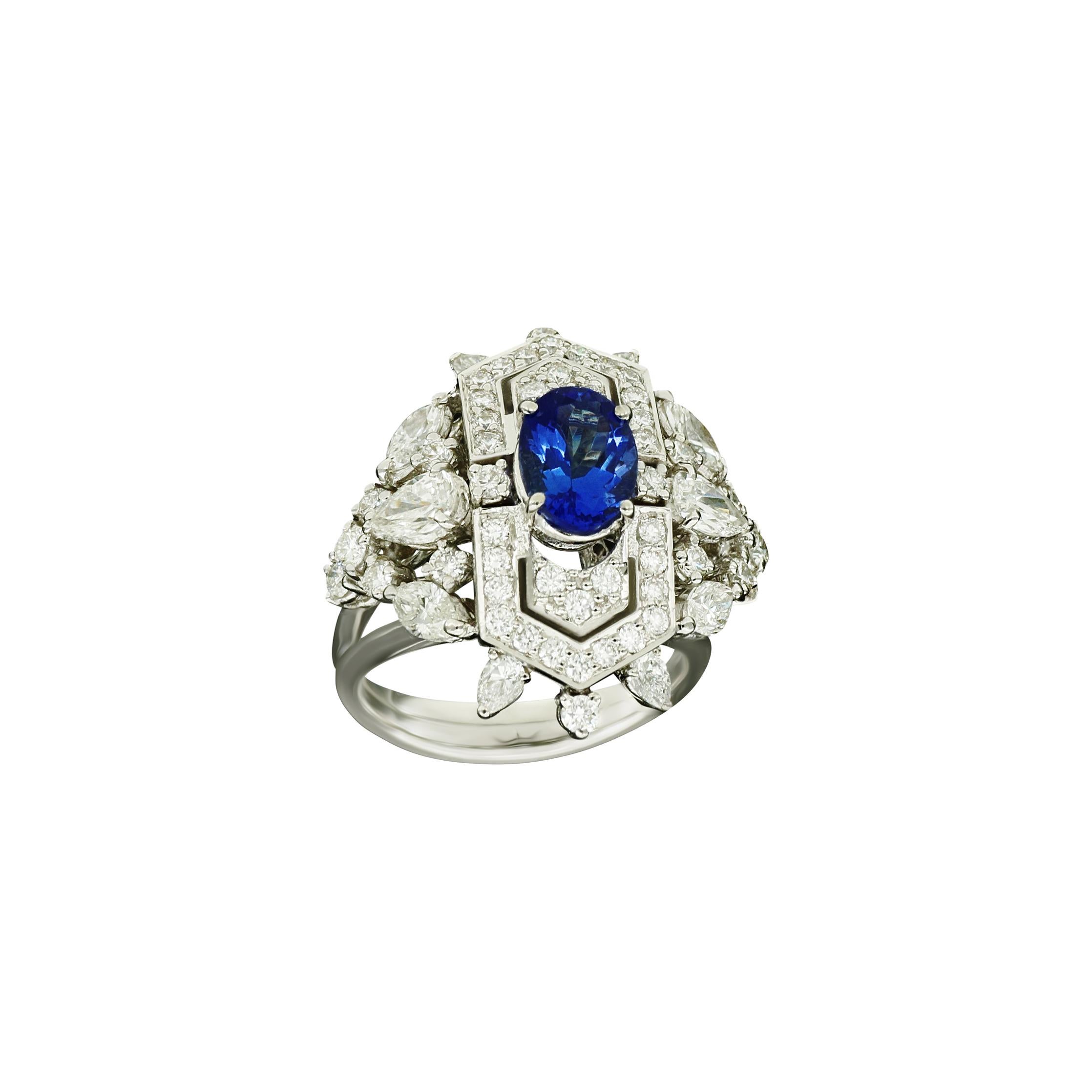 Art Deco Amwaj Jewellery Marquise and Round Cut Diamond Ring with Tanzanite For Sale