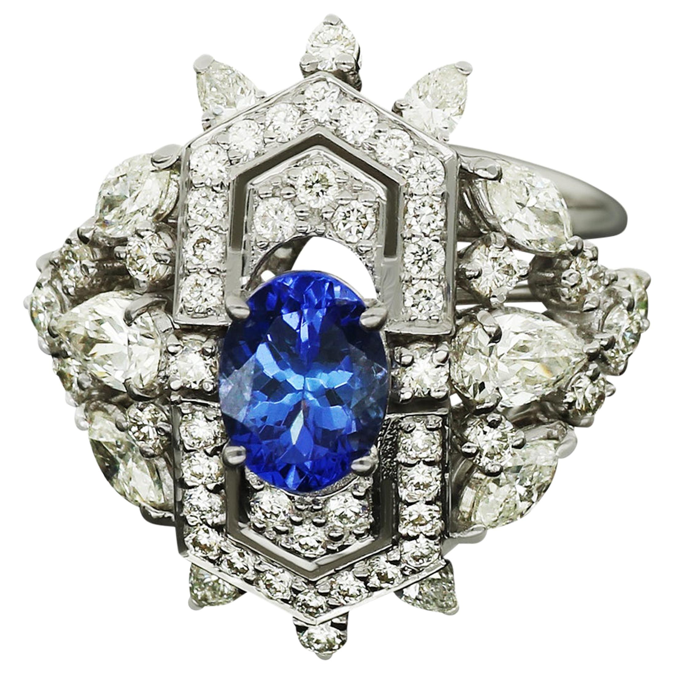 Amwaj Jewellery Marquise and Round Cut Diamond Ring with Tanzanite
