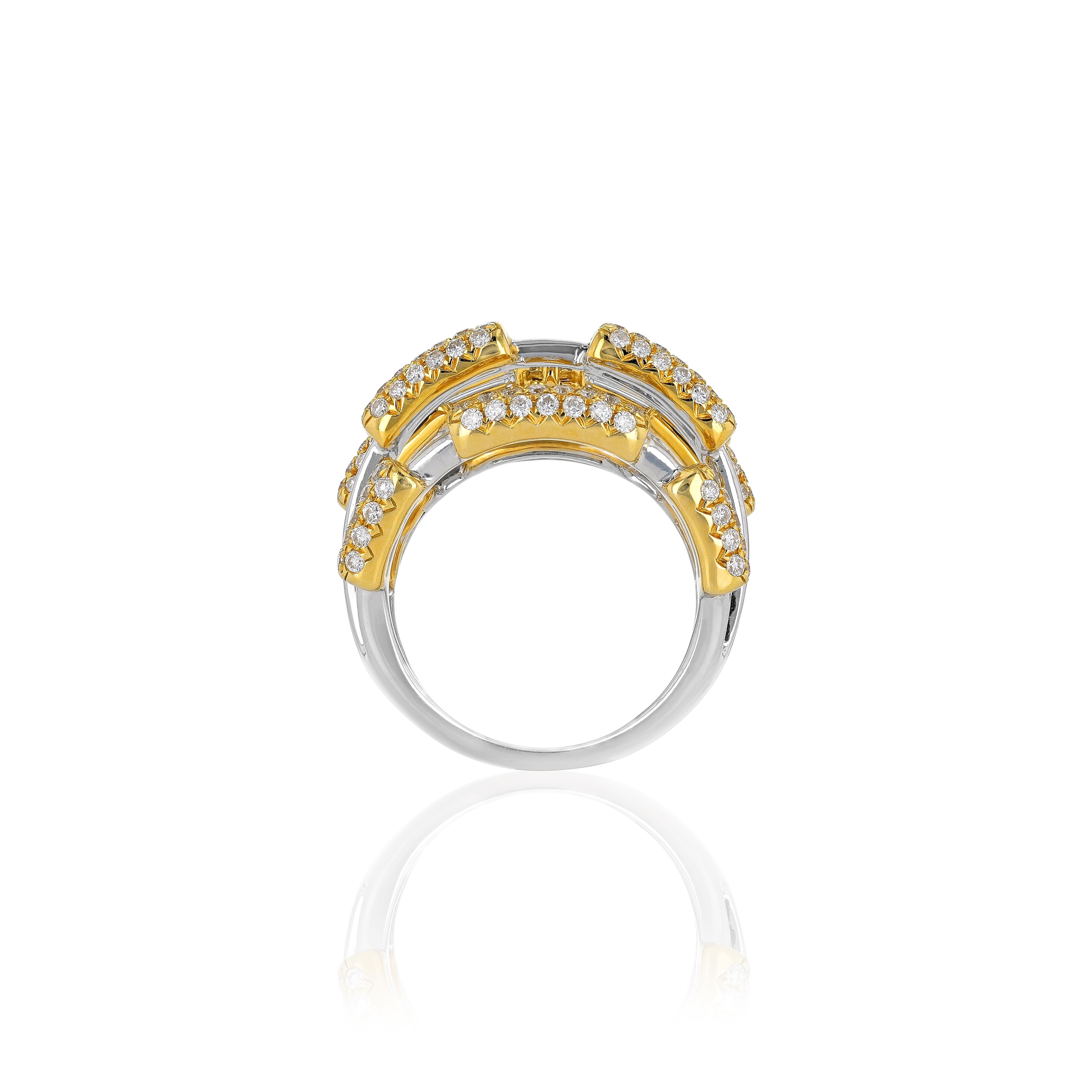 A modern design, this white gold ring features dynamic layers of scintillating 18 karat yellow gold centered by an exquisite 1.6 carat HI color round shape diamond. This vibrant gold and diamond ring showcases Amwaj skill at custom cutting