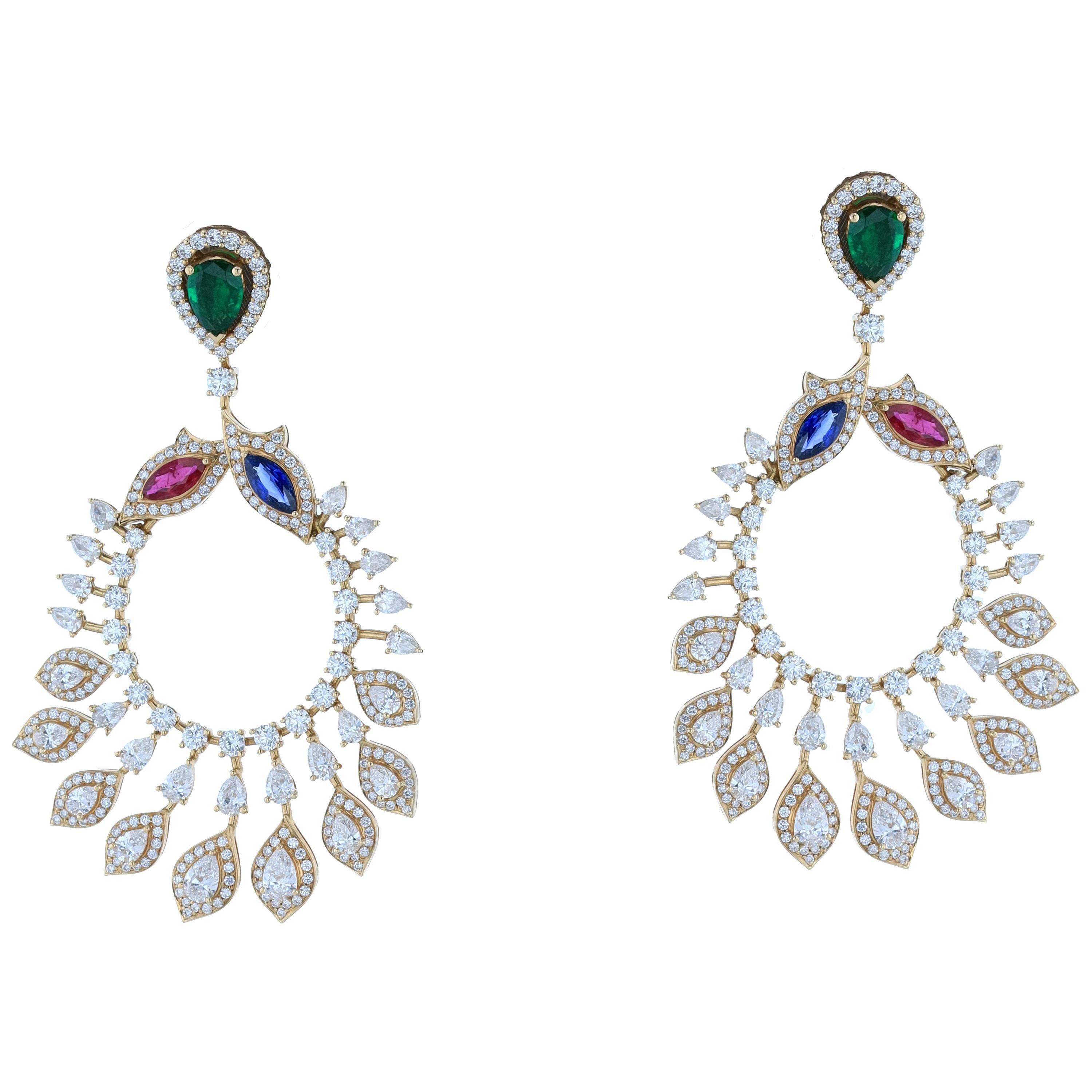 Amwaj Jewelry Emerald, Sapphire and Ruby Chandelier Earrings in 18 Karat Gold For Sale