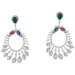 Amwaj Jewelry Boucles d'oreilles chandelier en or 18 carats avec émeraudes, saphirs et rubis