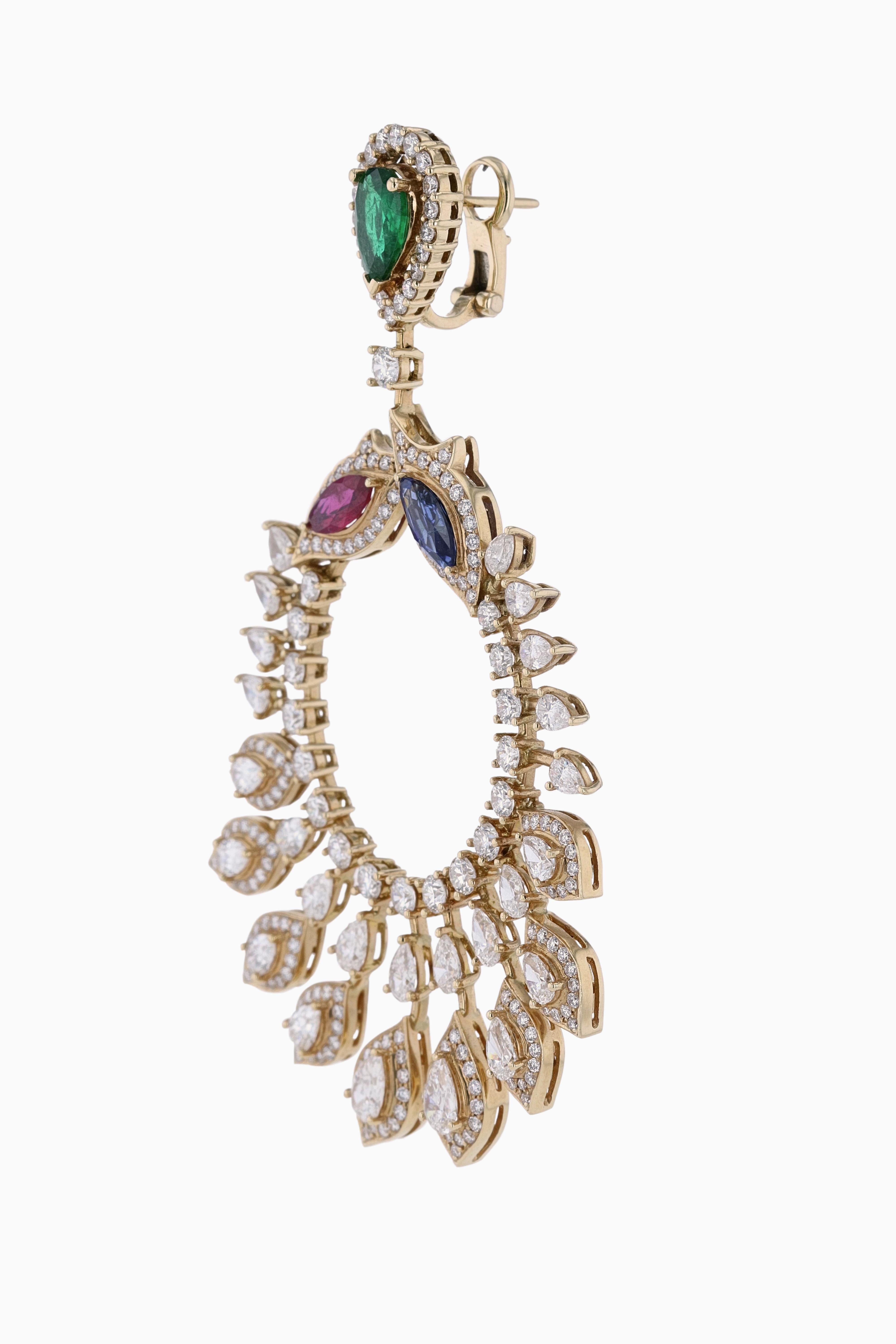 Amwaj Jewelry Emerald, Sapphire and Ruby Chandelier Earrings in 18 Karat Gold For Sale 2