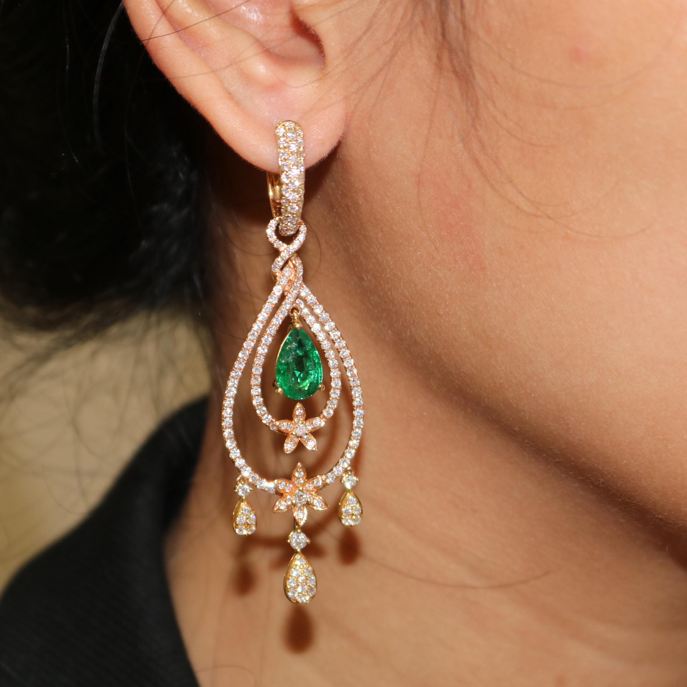 Round Cut Amwaj Jewelry Rose Gold with Emerald Drop Earrings For Sale
