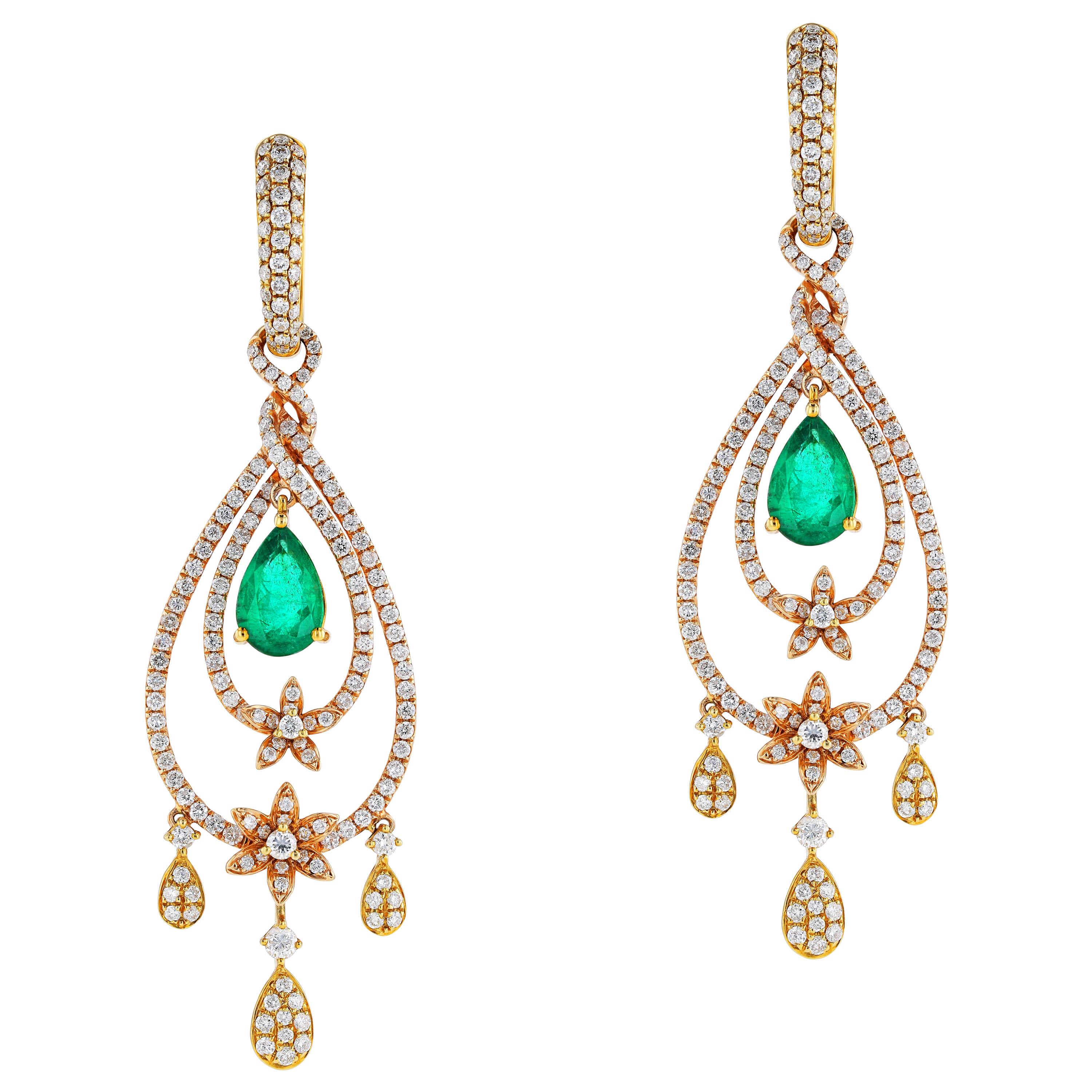 Amwaj Jewelry Rose Gold with Emerald Drop Earrings For Sale