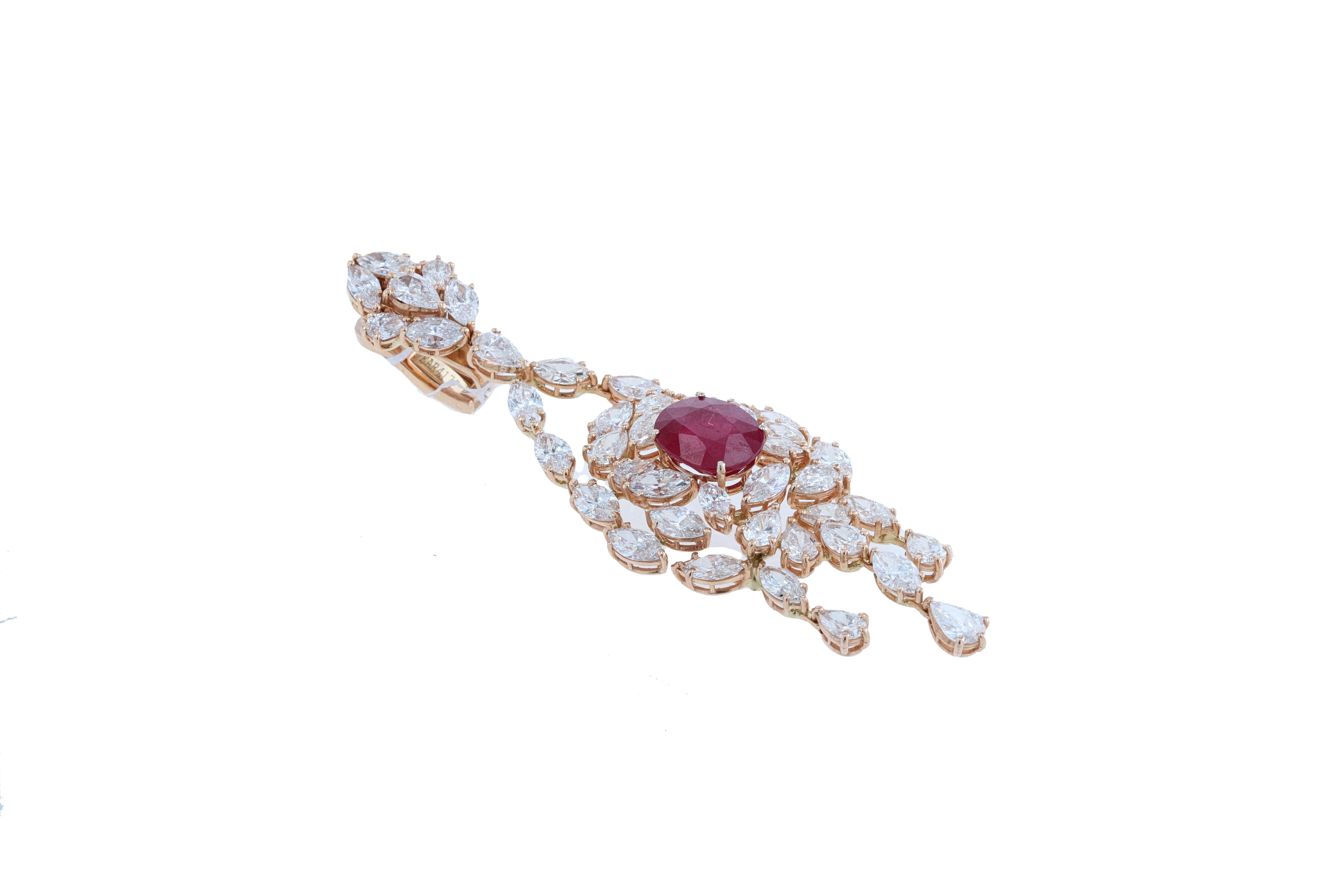 Amwaj Jewelry Boucles d'oreilles en or rose 18 carats avec rubis et diamants ronds Neuf - En vente à Abu Dhabi, Abu Dhabi