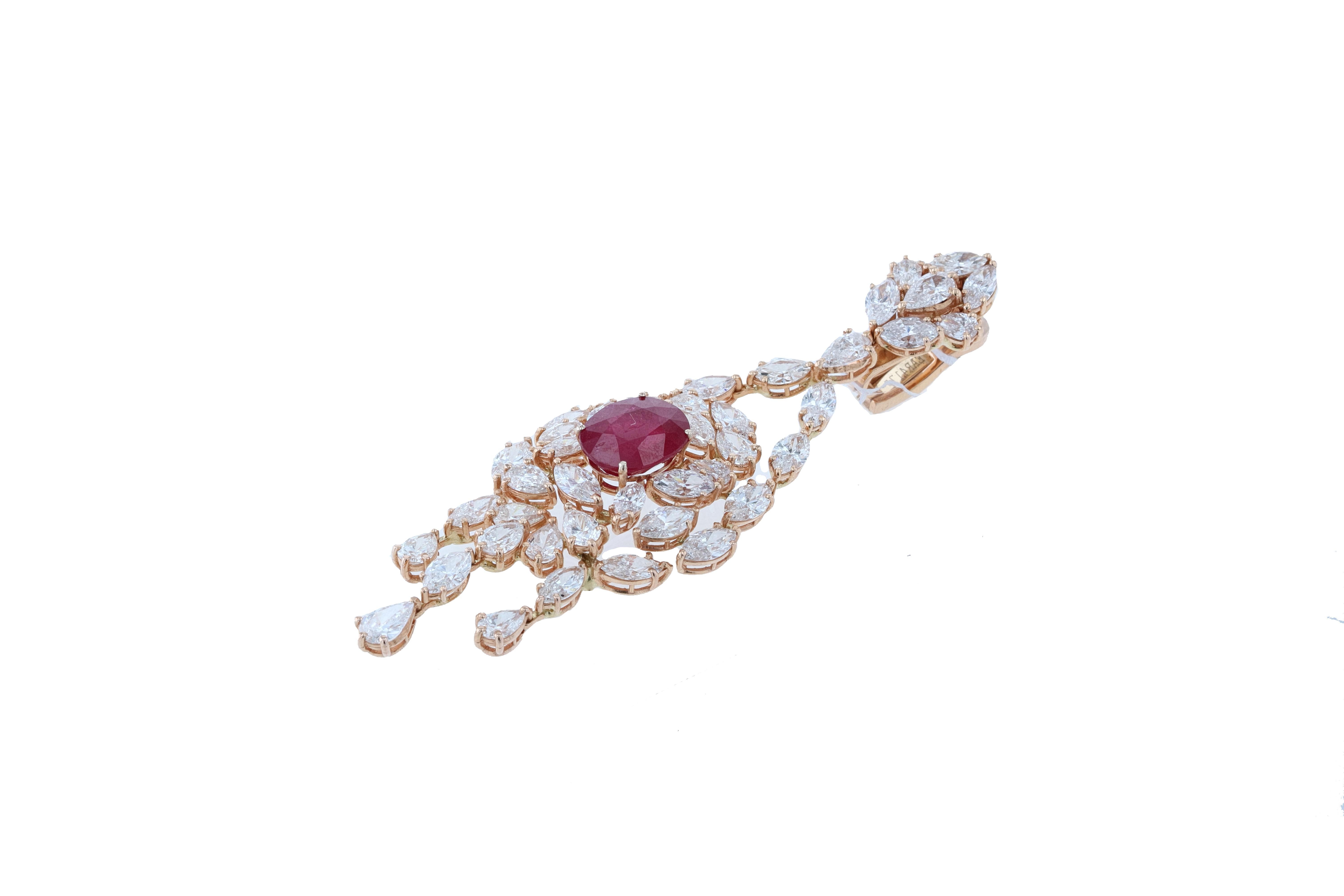 Amwaj Jewelry Boucles d'oreilles en or rose 18 carats avec rubis et diamants ronds Pour femmes en vente
