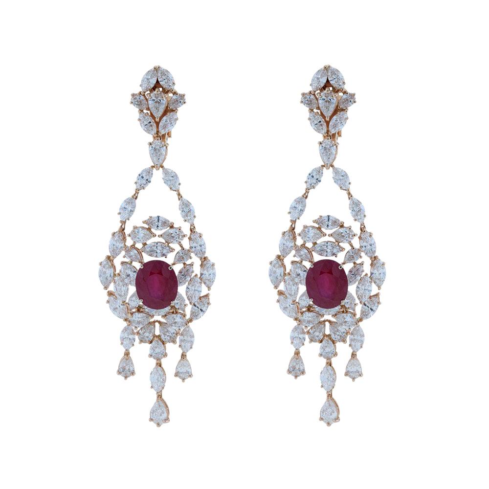 Amwaj Jewelry Boucles d'oreilles en or rose 18 carats avec rubis et diamants ronds en vente