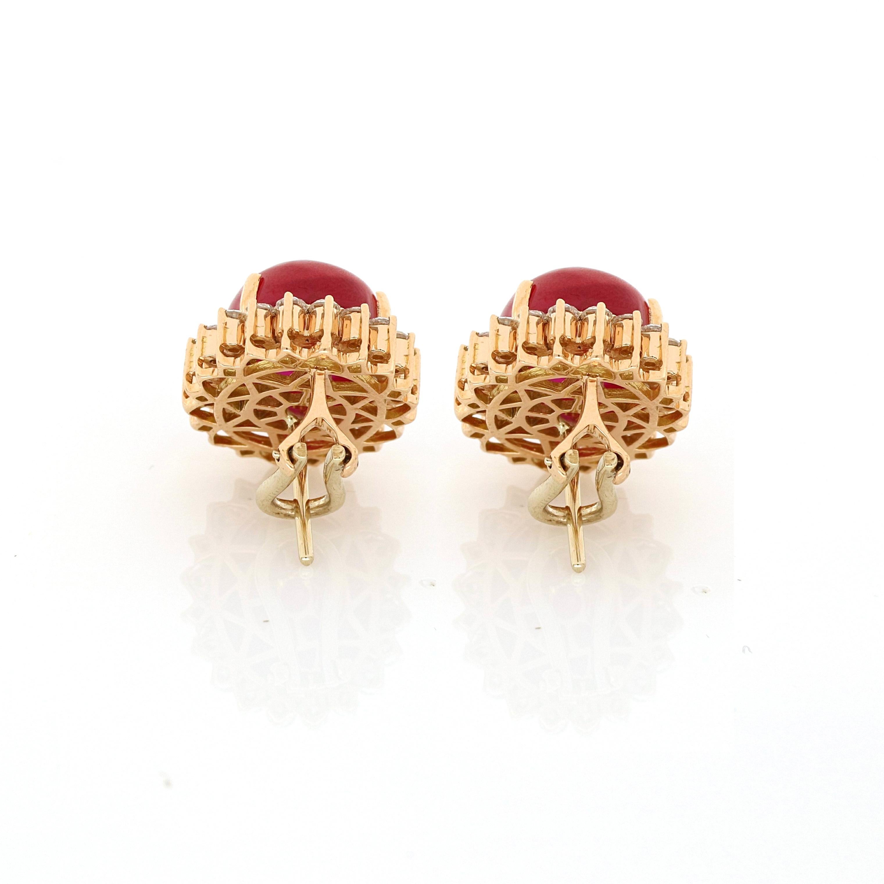 Art Deco Amwaj Oval Synthetic Ruby Earrings - 18 Karat Rose Gold For Sale