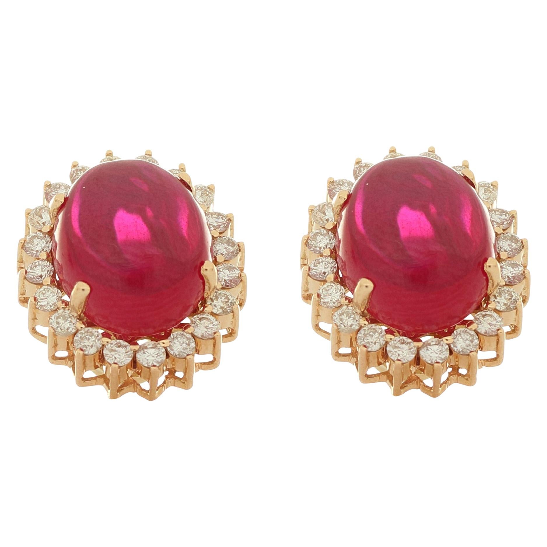 Amwaj Oval Synthetic Ruby Earrings - 18 Karat Rose Gold For Sale