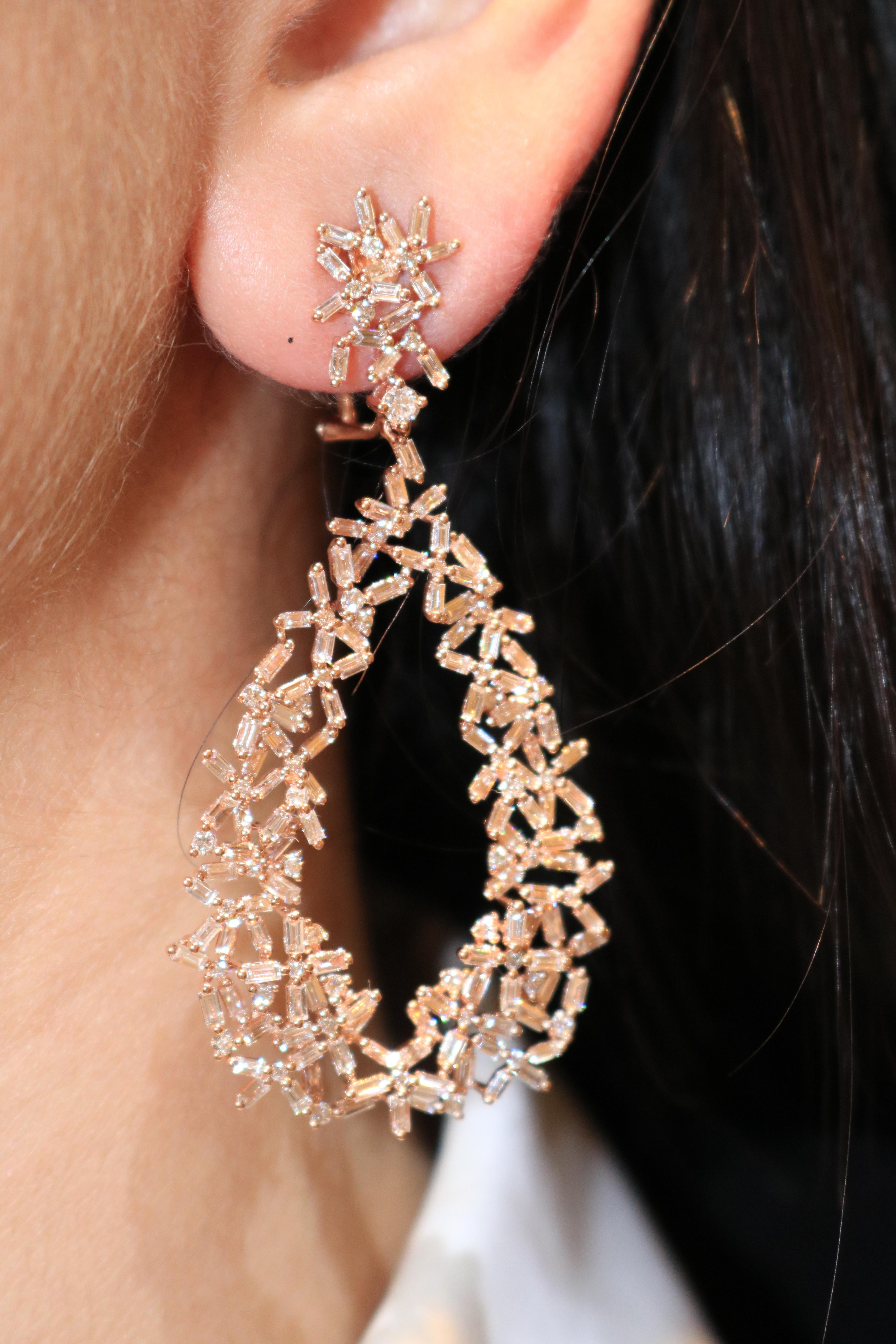 Baguette Cut Amwaj Rose Gold 18 Karat Earrings with Diamonds For Sale