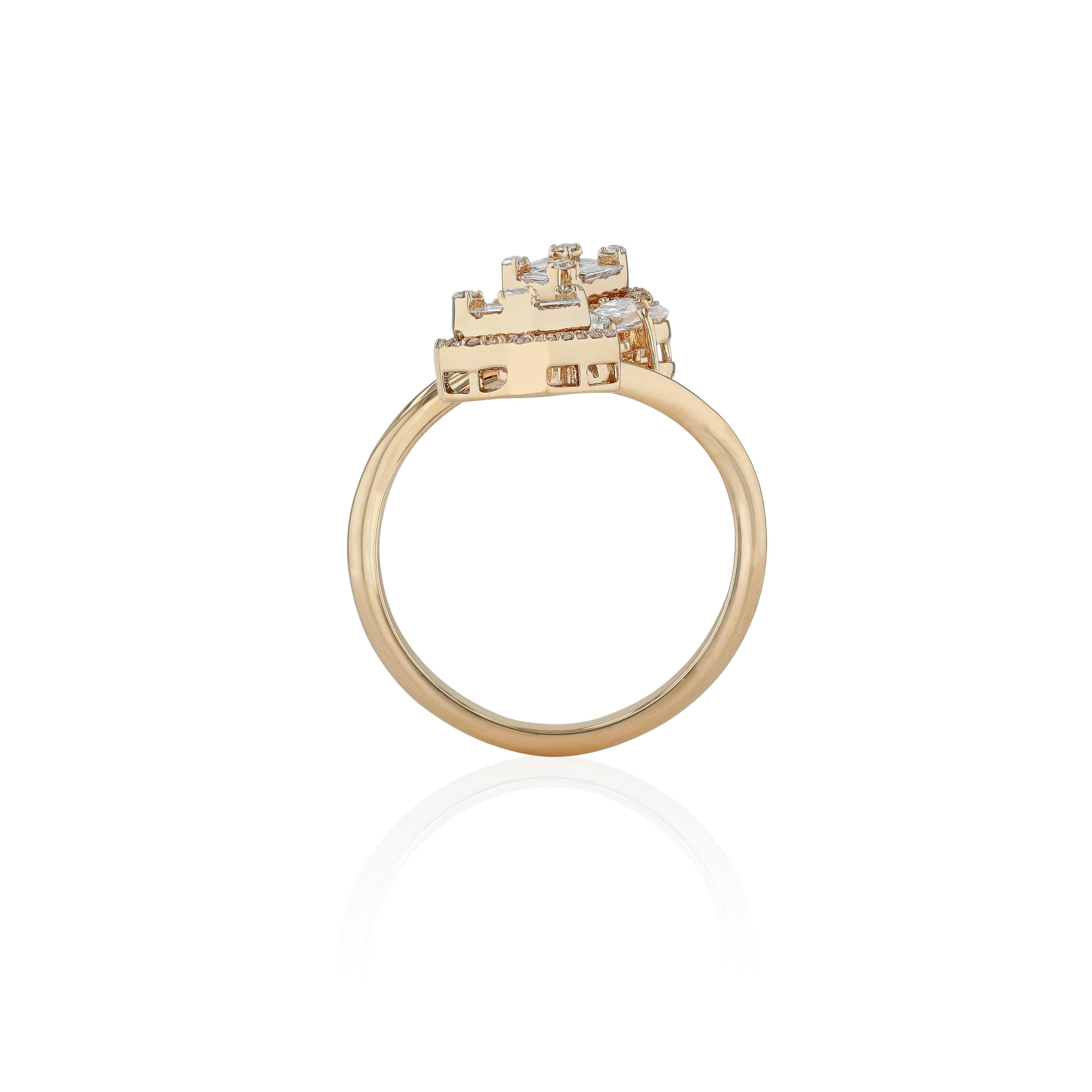 Artistic, unique, vintage-inspired design ring by Amwaj jewelry made of pear, round and baguette diamonds that are adding a perfect sparkle to this fashionable ring. This piece of art is a refined example of the sharp vision of femininity adorned