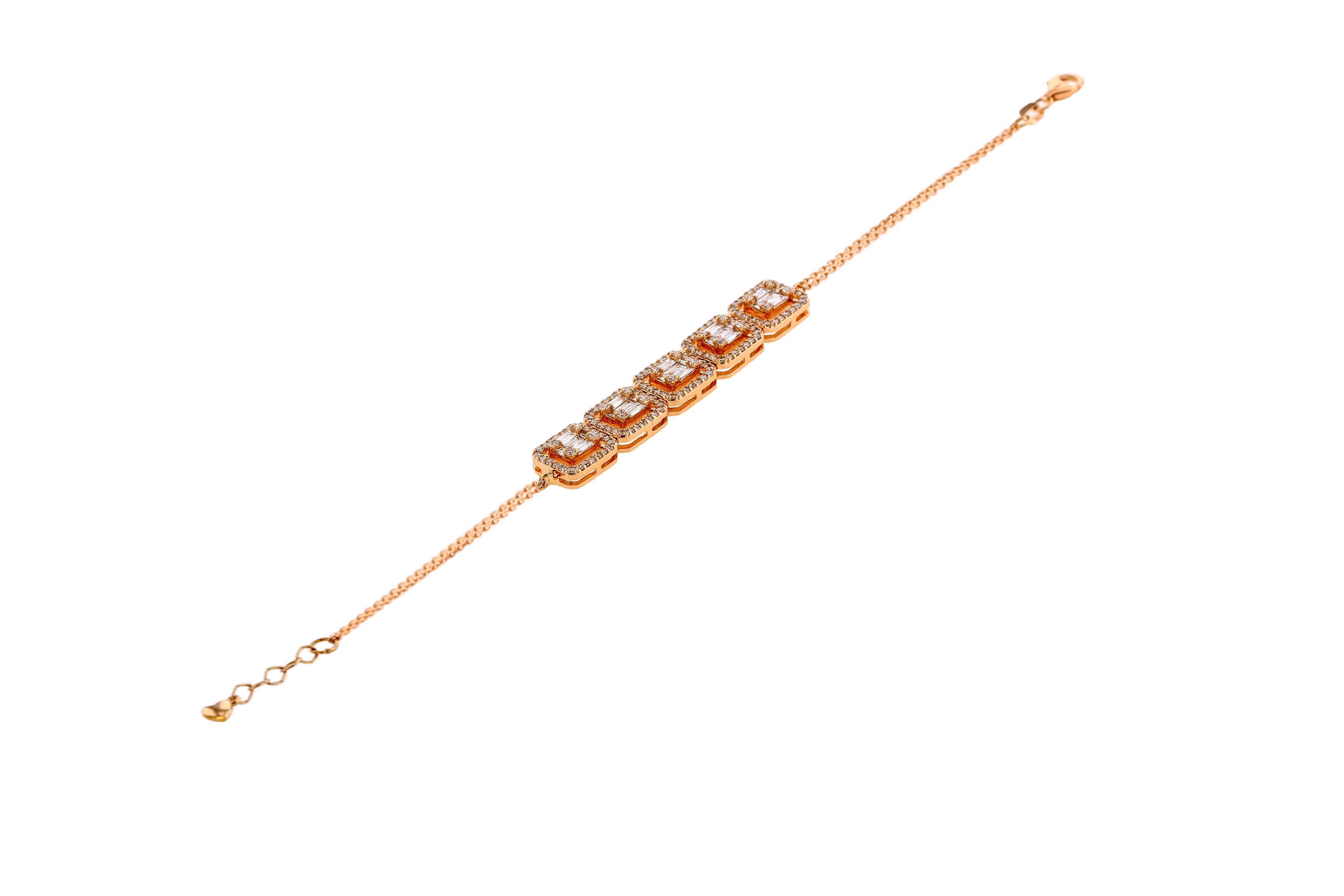 Charming rose gold 18 K bracelet by Amwaj Jewelry with baguette and round shape diamonds, delicately, perfectly accents your beauty and taste.
Diamond clarity: VS SI / G H color
Diamond weight: 1,76 ct
Gross weight: 8.65 g
