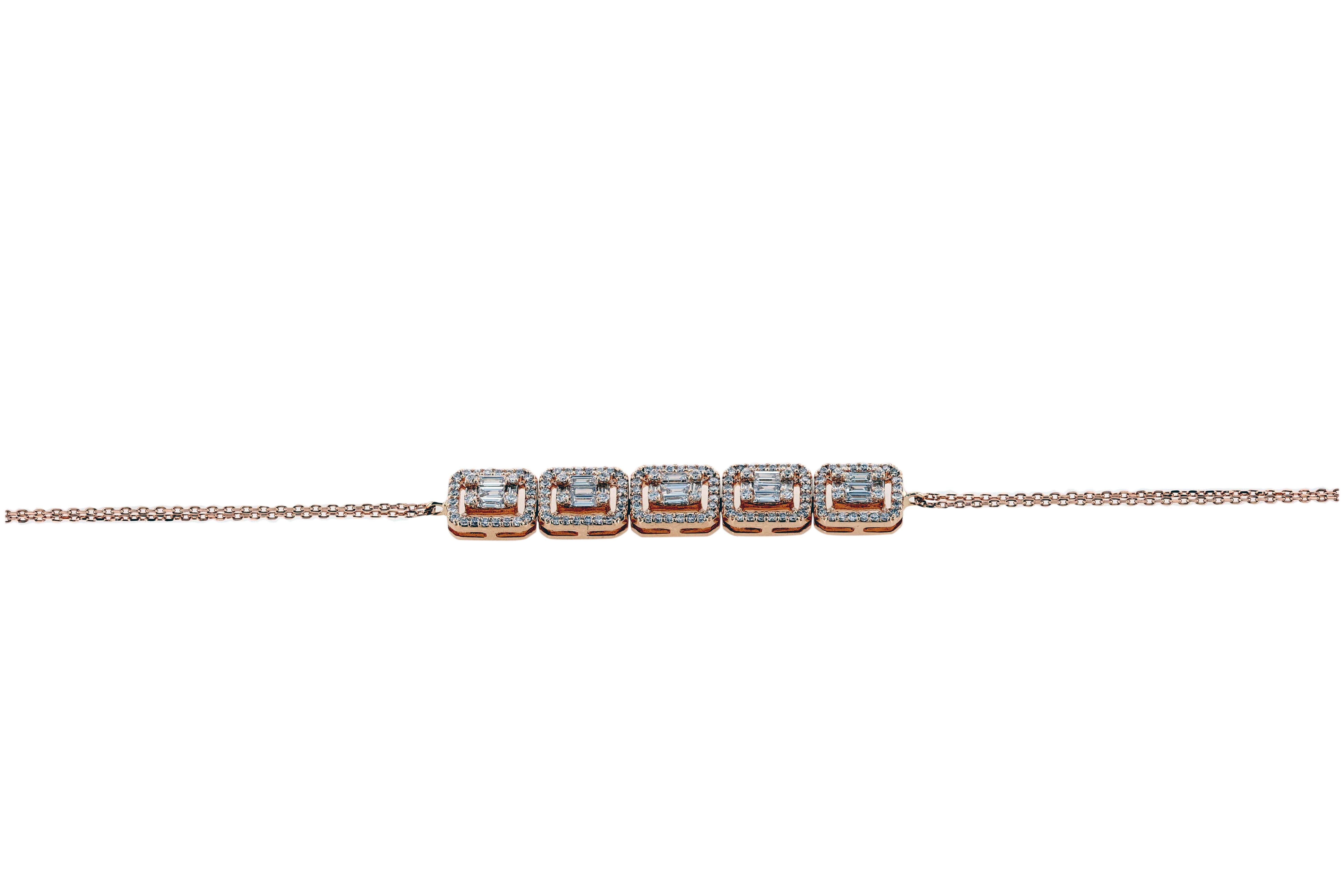 Baguette Cut Amwaj Rose Gold 18 Karat with Diamonds Bracelet For Sale