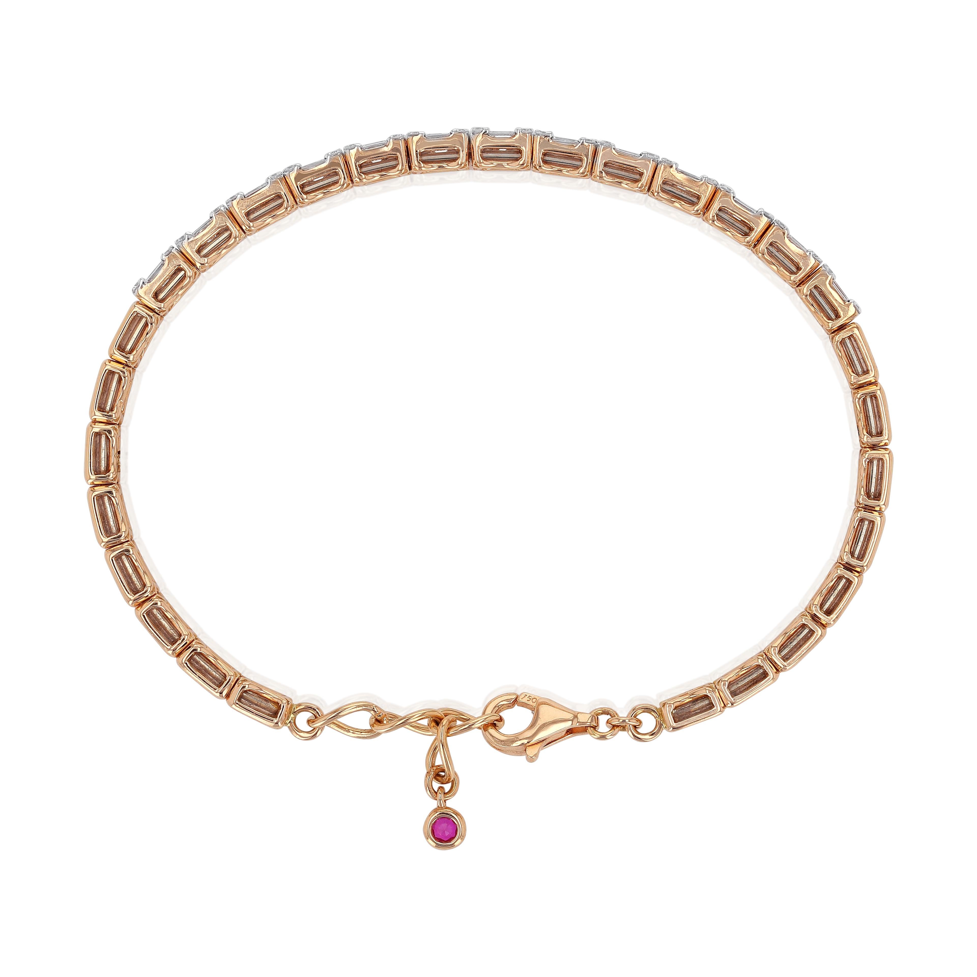 Charming, simple and classy rose gold 18K bracelet by Amwaj jewelry, with round and baguette diamonds, that are adding a dreamy, sparkling touch to this item. Delicately shaped so as not to overpower, perfectly accents your beauty and taste. It is