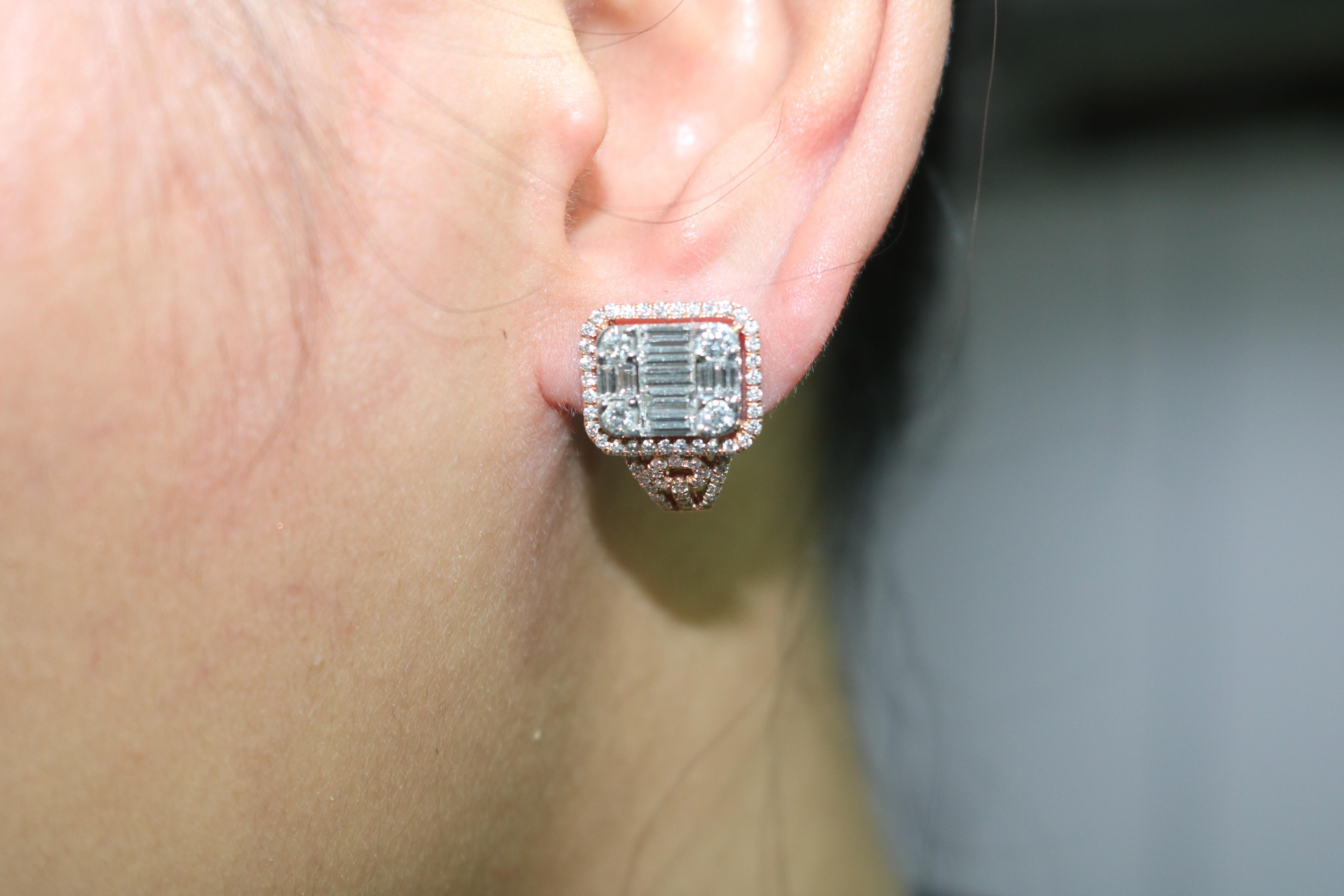 Baguette Cut Amwaj Rose Gold Earring with Diamonds For Sale