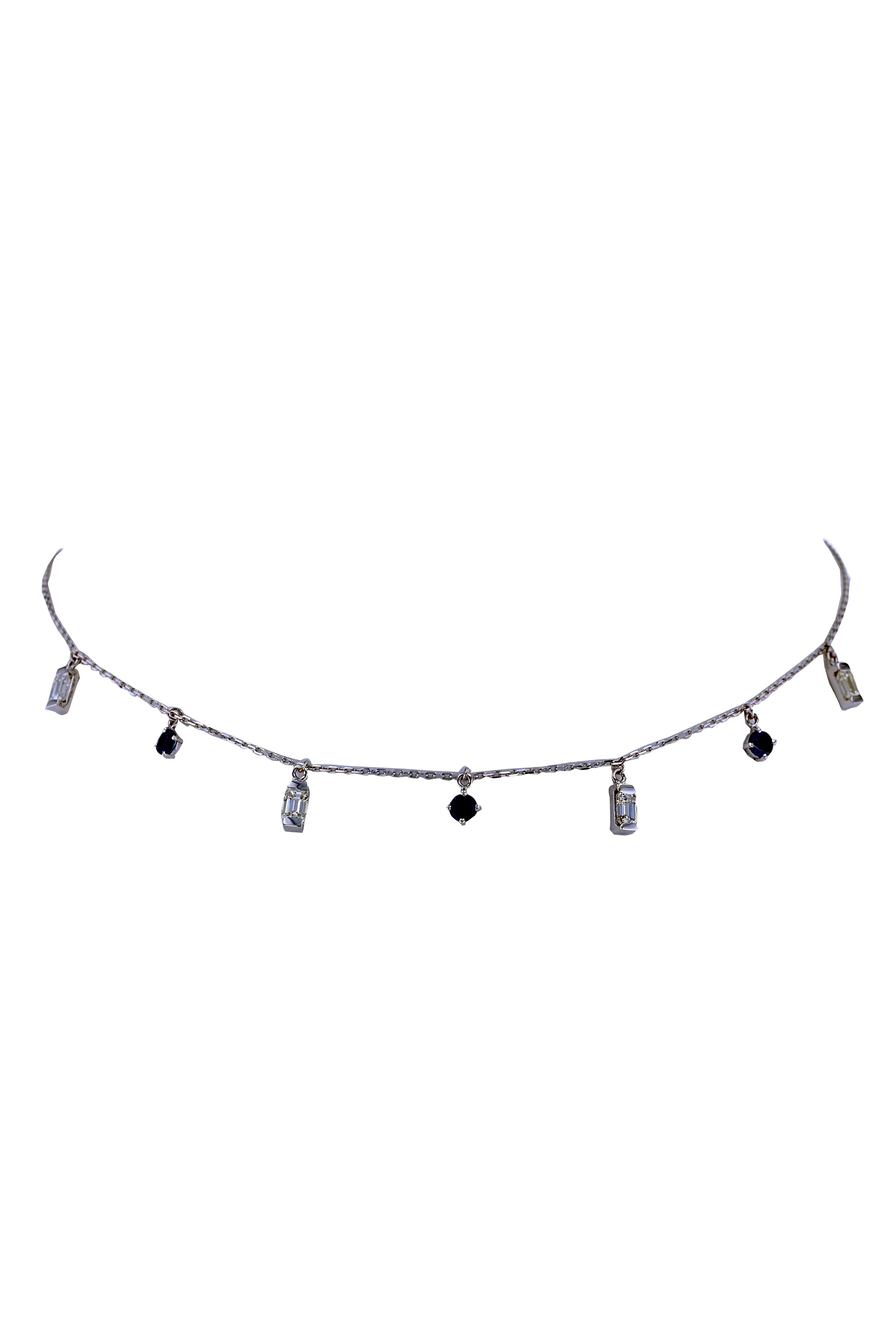 This amazing choker with white emerald cut diamonds each 1/3 carat and blue sapphire is designed to accent the neckline with feminine and delicate touch. It is a perfect choice for any ensemble from business casual to everyday wear.
Diamond clarity: