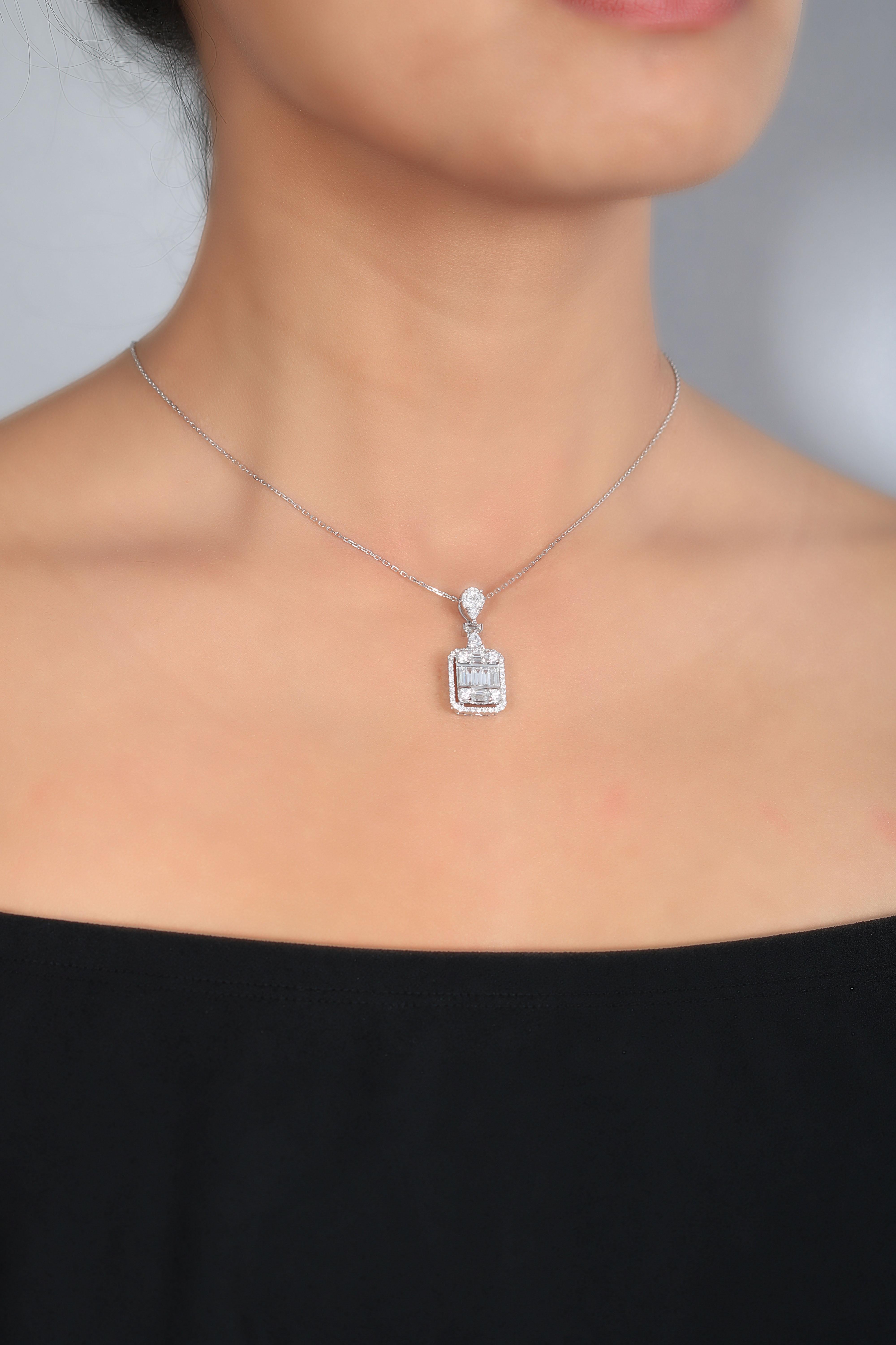 Timeless and unique pendant made by Amwaj jewelry with a mix of Baguette , pear and round shape diamonds that are making an illusion of a big emerald solitaire. perfect choice for casual occasions .
Diamond clarity: VS SI / G H COLOR
Diamond weight: