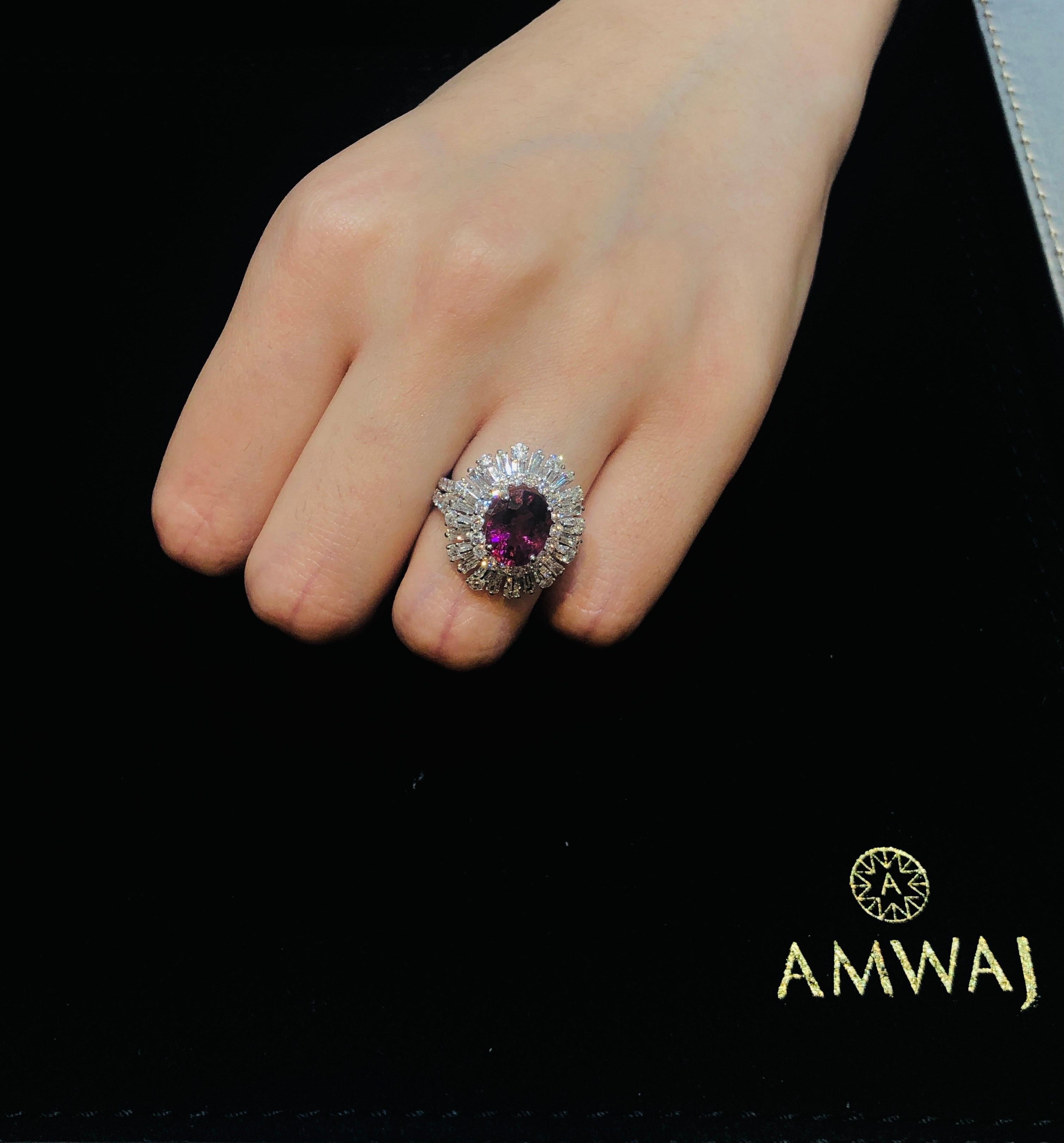 Baguette Cut Amwaj White Gold 18 Karat Ring with Diamonds and Ruby For Sale
