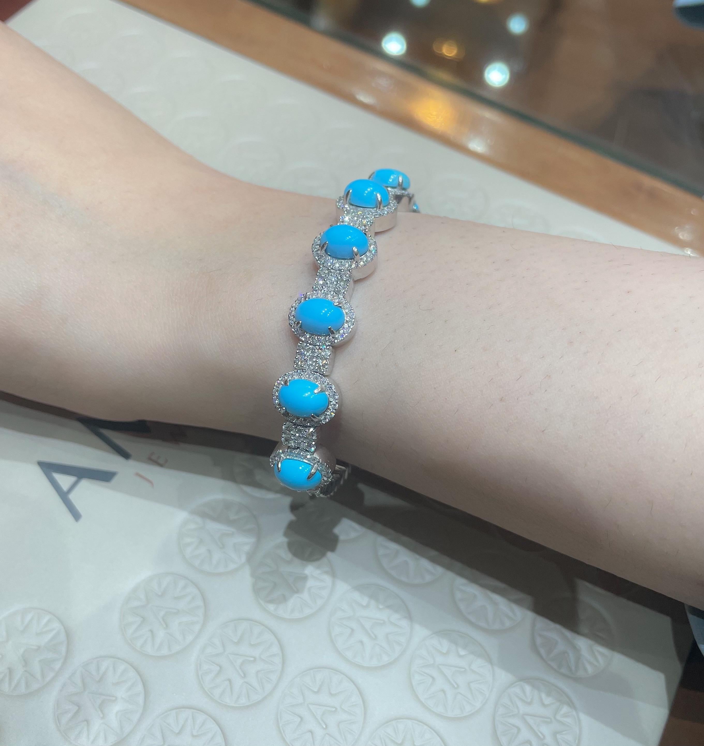 Art déco Amwaj Bracelet jonc en or blanc avec diamants et turquoise en vente