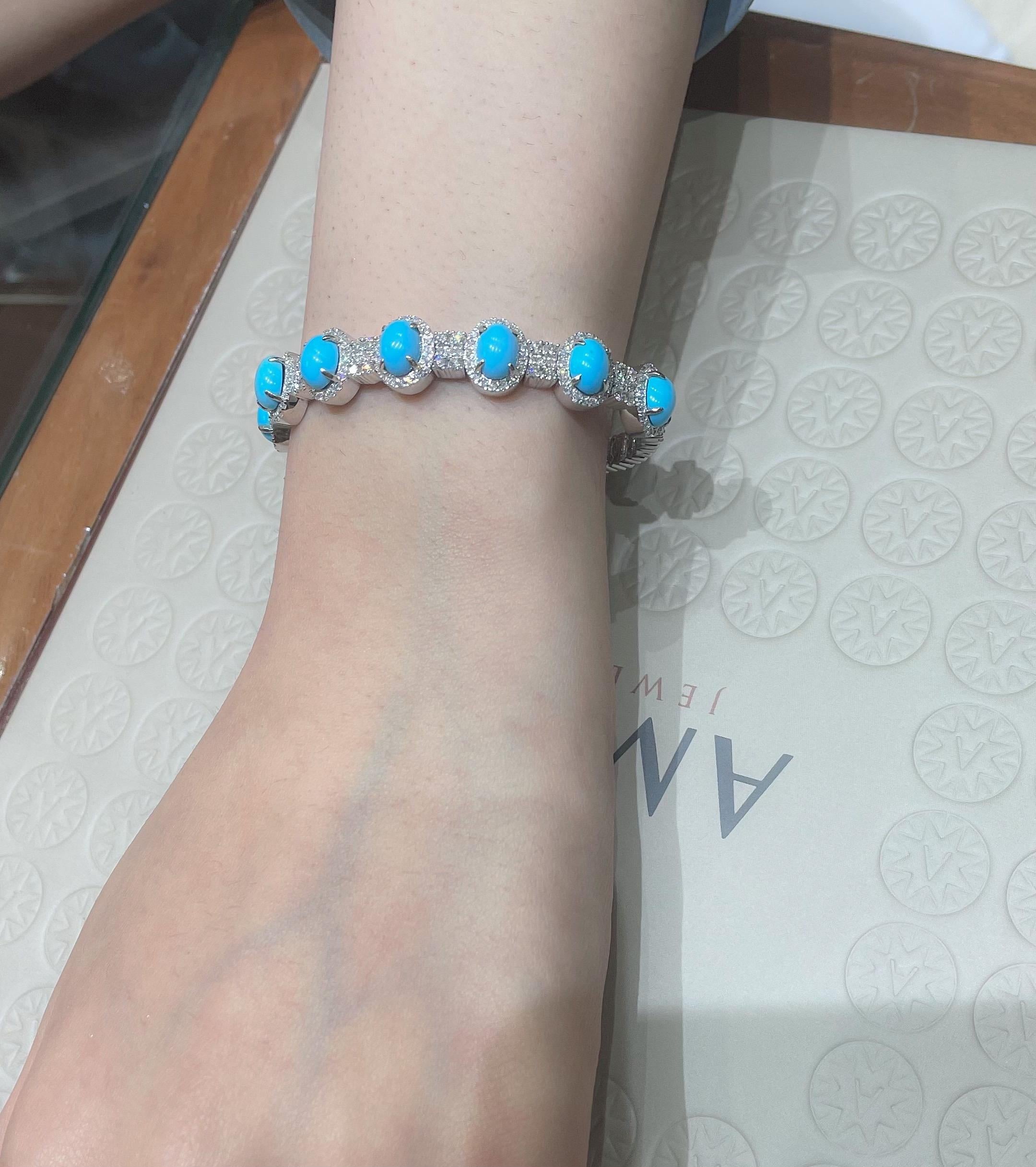 Cabochon Amwaj White Gold Bangle with Diamond and Turquoise For Sale