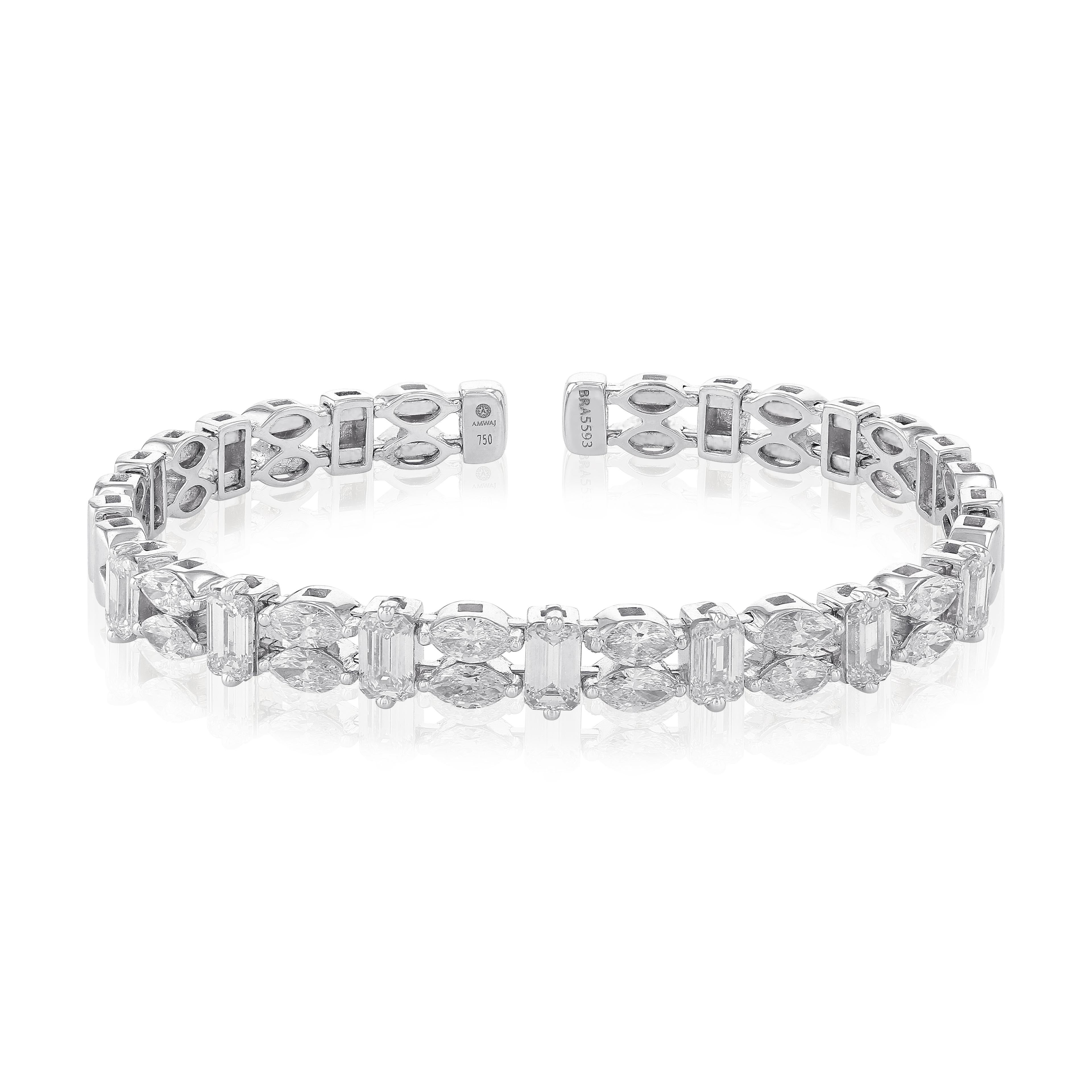 Bracelet ornemental simple et élégant en or blanc 18 carats et diamants taille brillant de type Marquise et baguette de la marque Amwaj jewelry. Ce bracelet finement détaillé, géométrique et charmant, ajoute un éclat magnifique à toute tenue. Les