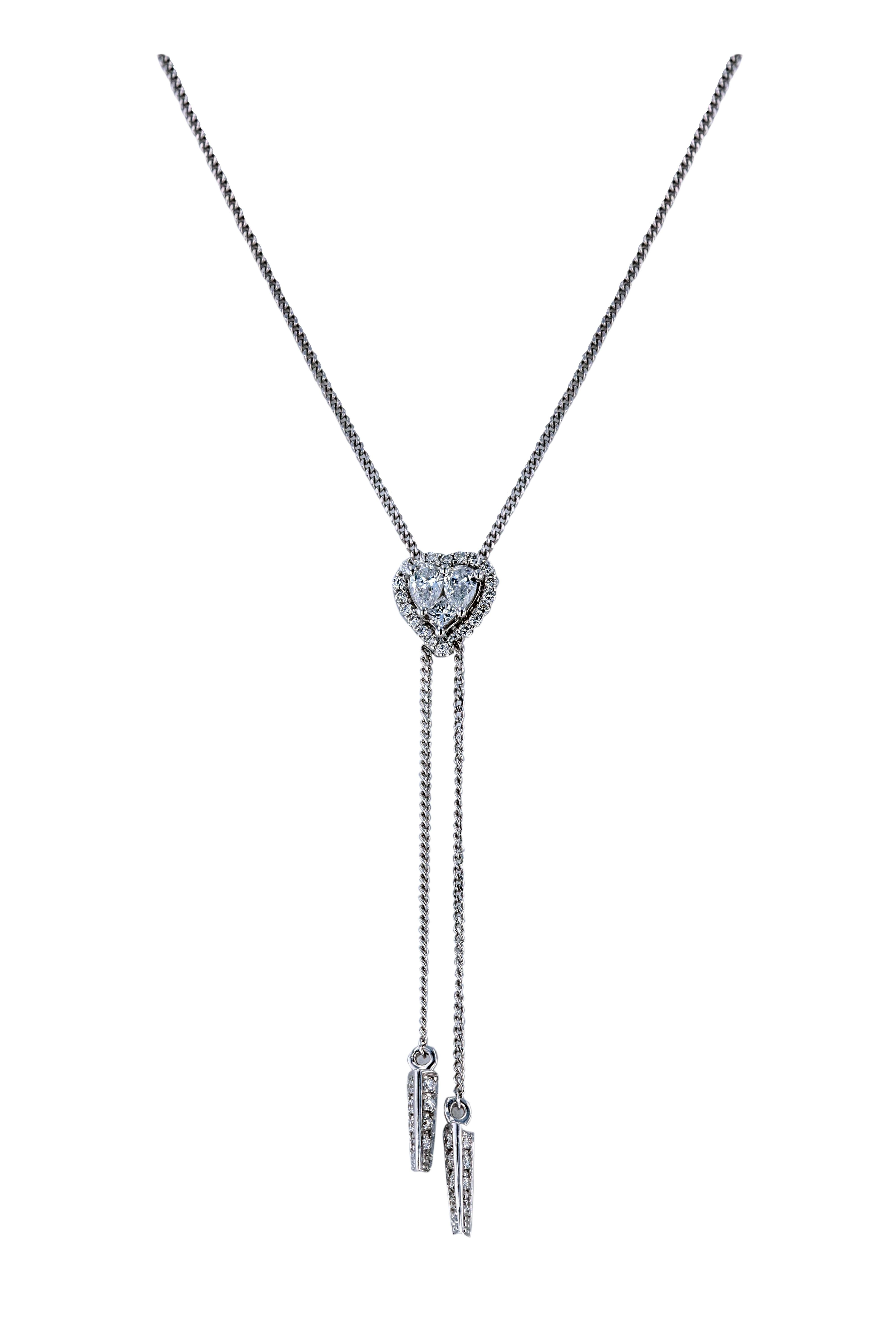 Feeling attractive is a strong emotional desire that could be a benefit of your Amwaj gold necklace with white diamonds (pear and princess shape) that are making an  illusion of heart shape solitaire. Elegant and classy, this delicate necklace makes