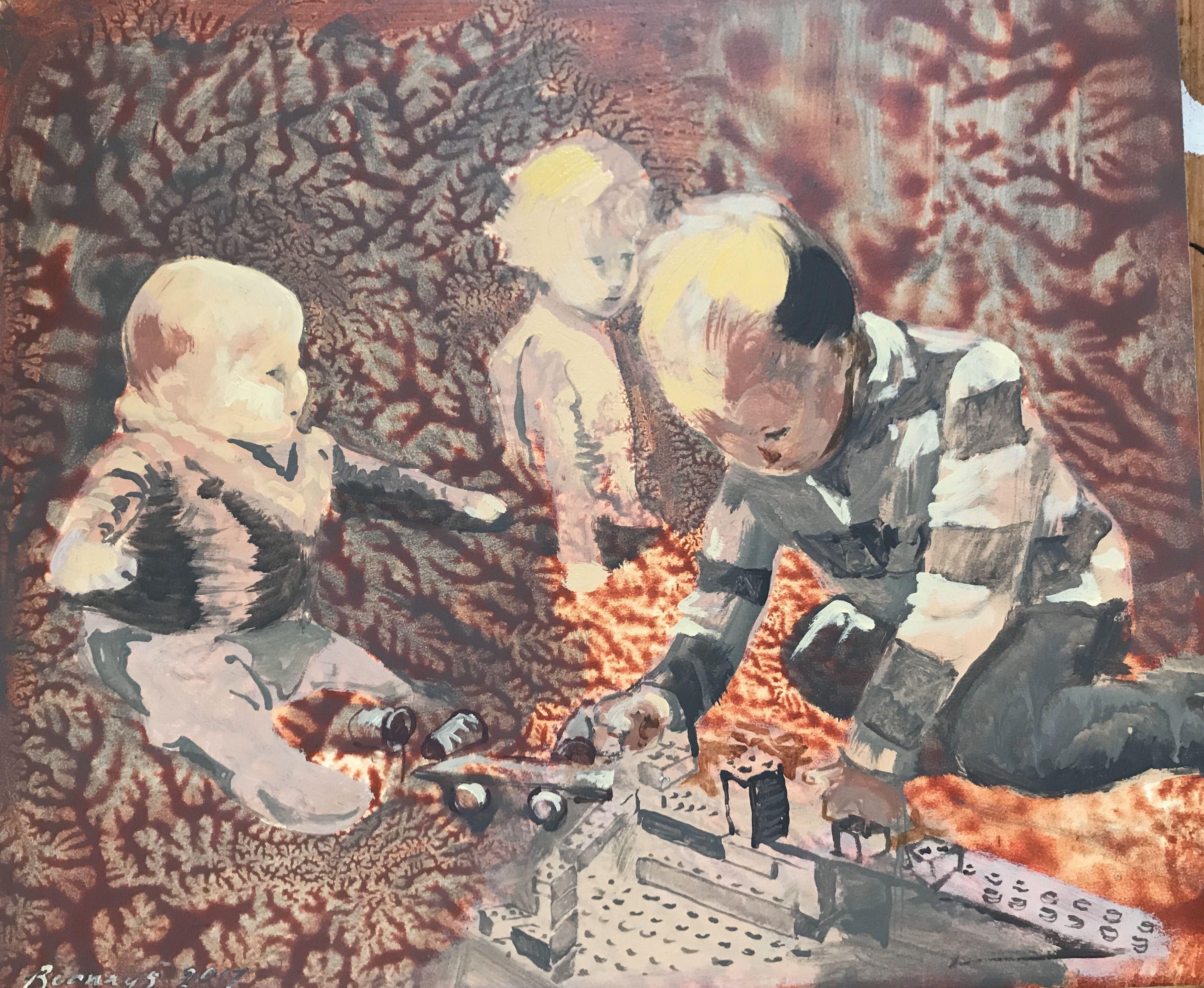 I had this board, with the orange pattern, for ages in my studio. It is the perfect cerebral context for this portrait of siblings. I love the relationships. The composition so wonderfully illustrates their birth order. The adoring gaze on the