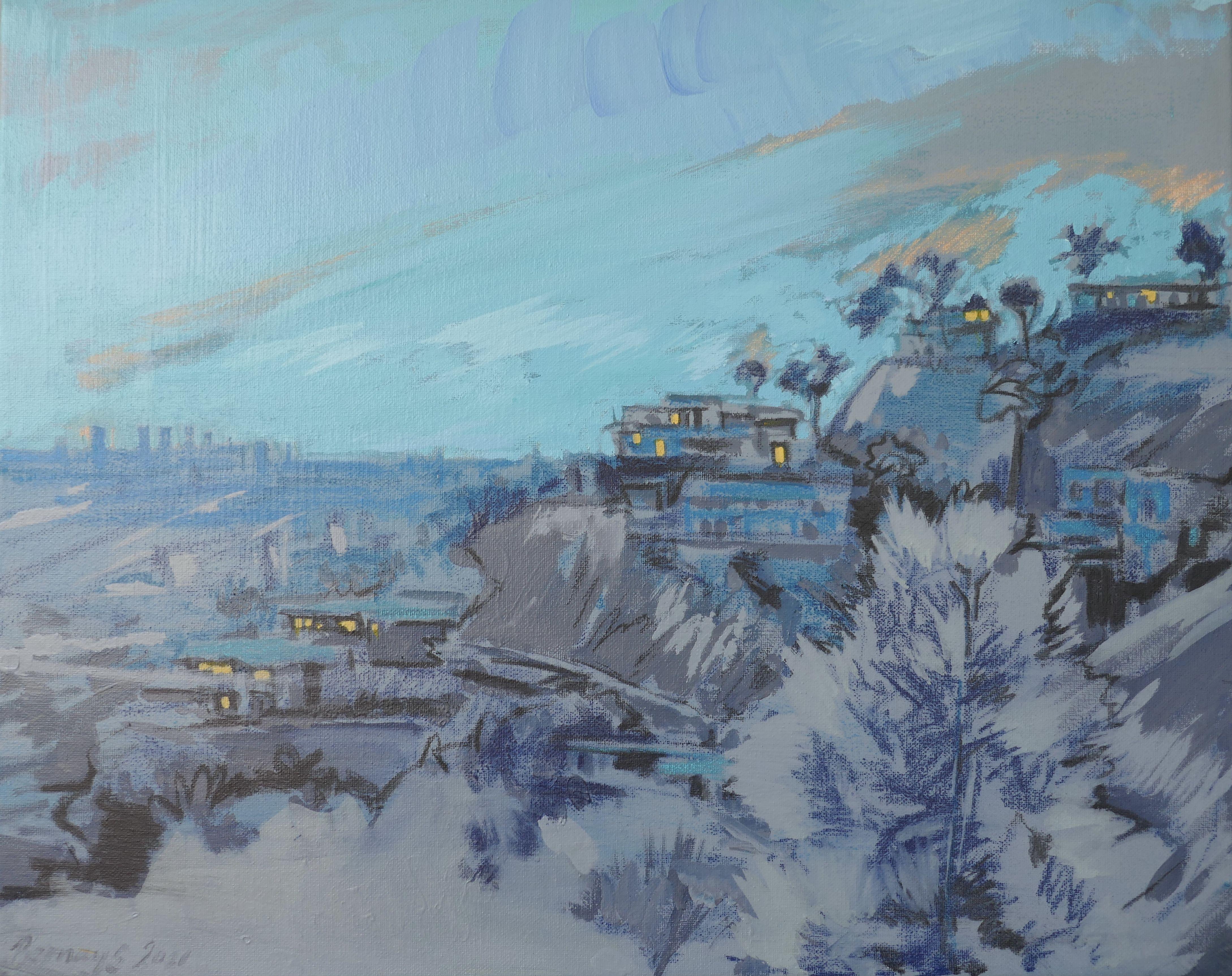 Coucher de soleil bleu, peinture, acrylique sur toile - Painting de Amy Bernays