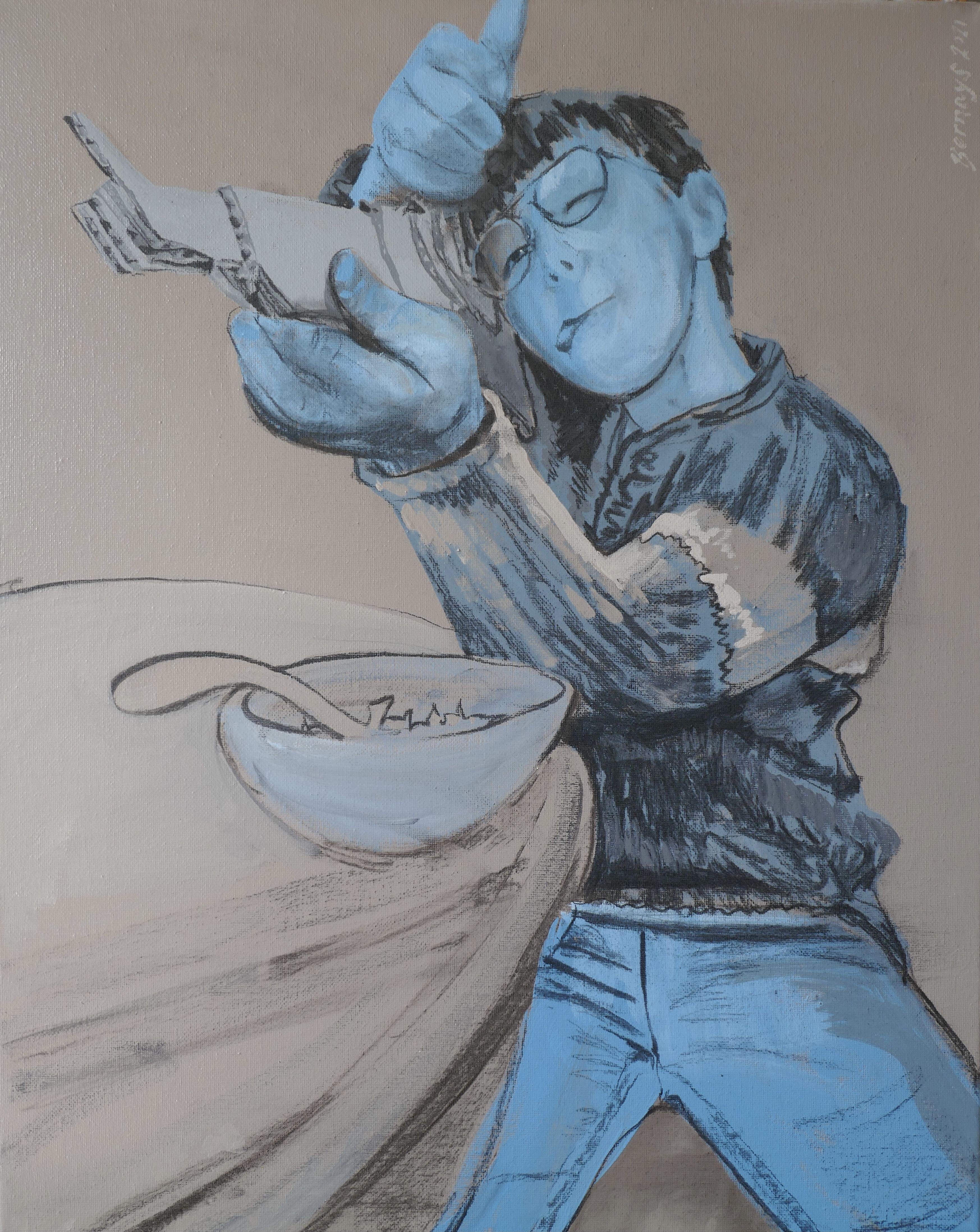 Asesino del tazón de cereales, Pintura, Acrílico sobre lienzo - Painting de Amy Bernays