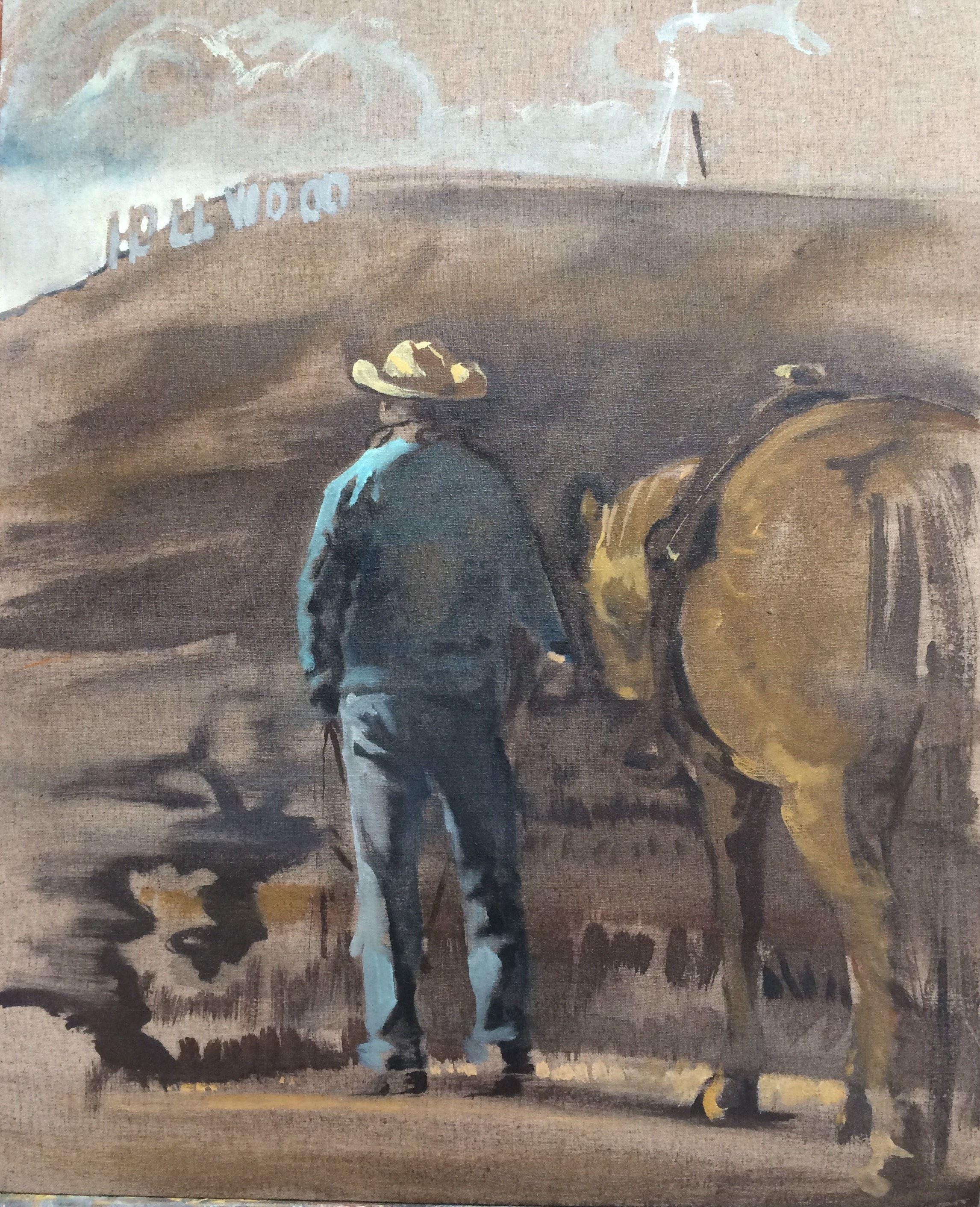 The other day I was browsing through paintings I loved and found myself drawn again and again to cowboy art of Reynolds and Maynard Dixon. What with living at Sunset Ranch under the Hollywood sign this seemed an appropriate painting for me to do.
