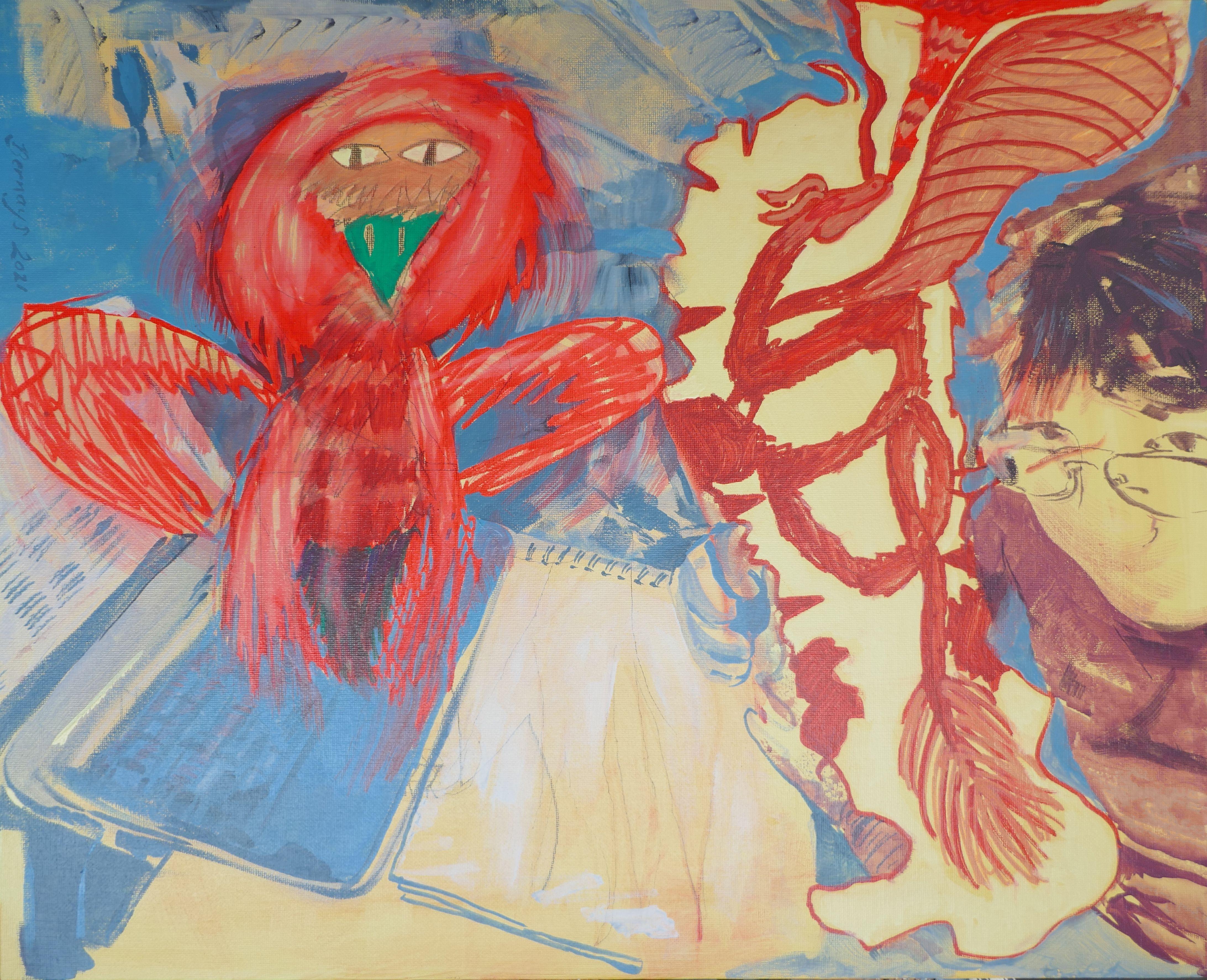 Dragon de l'école primaire, peinture, acrylique sur toile - Painting de Amy Bernays