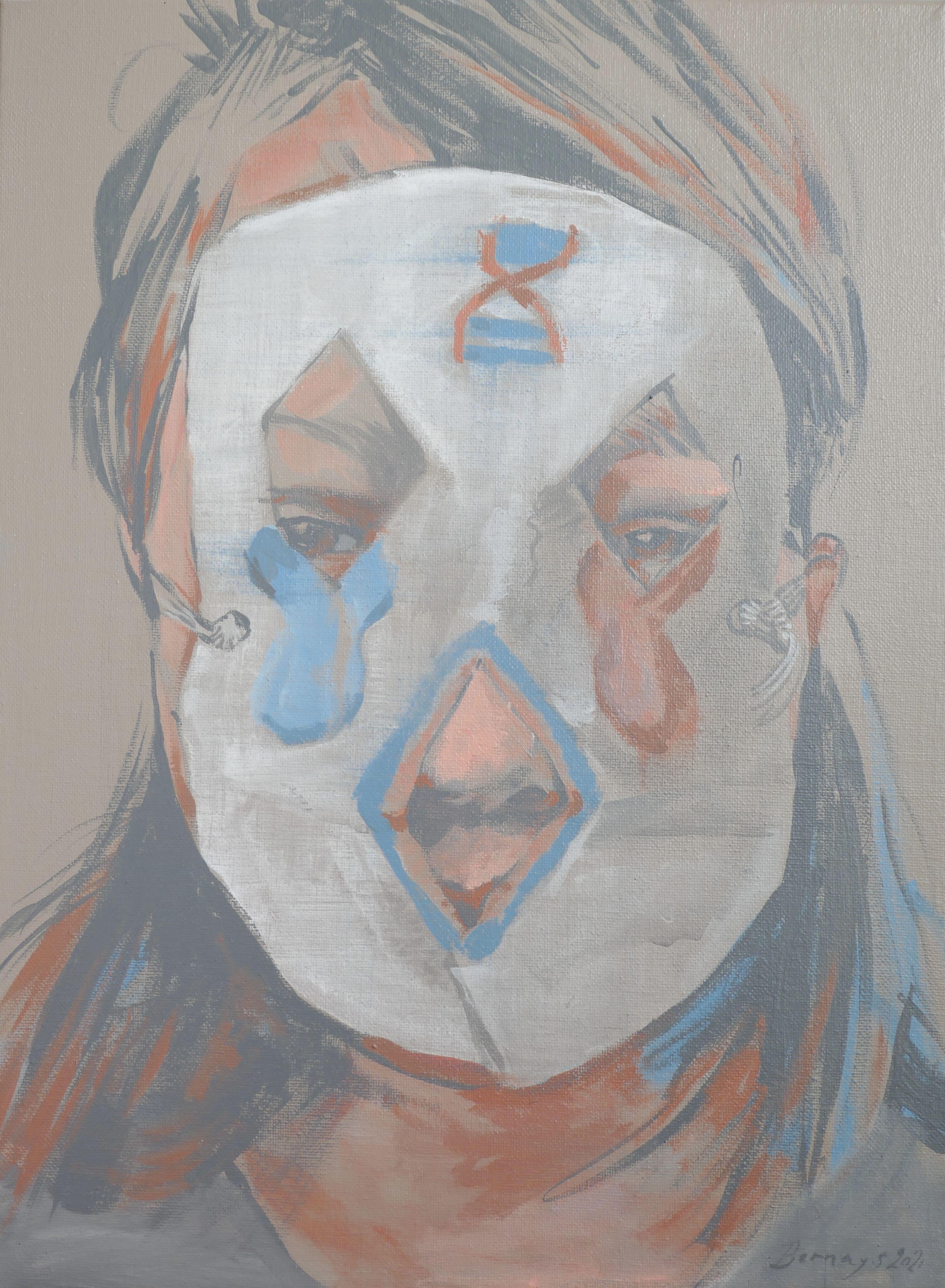 Masque de l'École primaire, peinture, acrylique sur toile - Painting de Amy Bernays