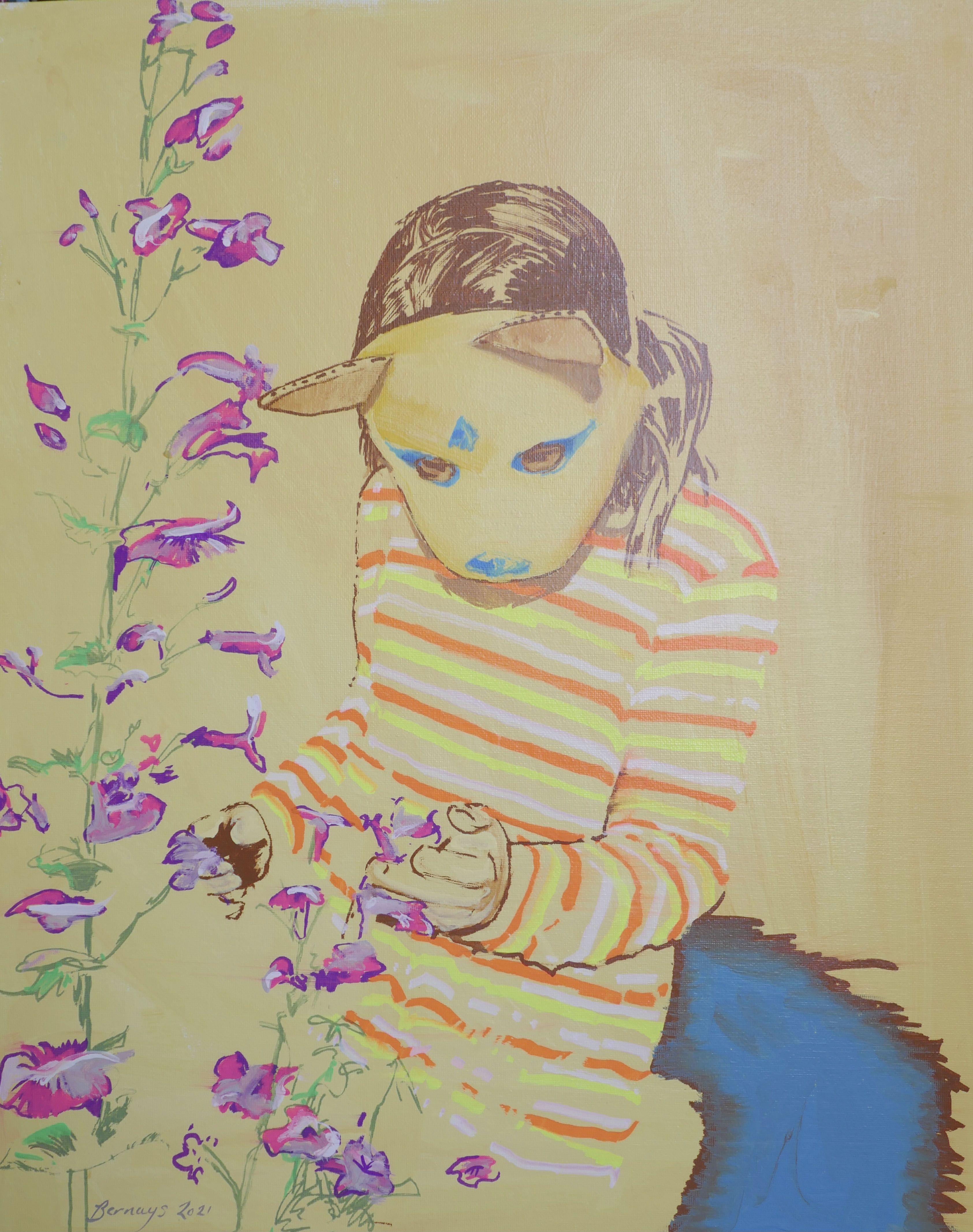 Comment sentir les fleurs avec un masque, peinture, acrylique sur toile - Painting de Amy Bernays