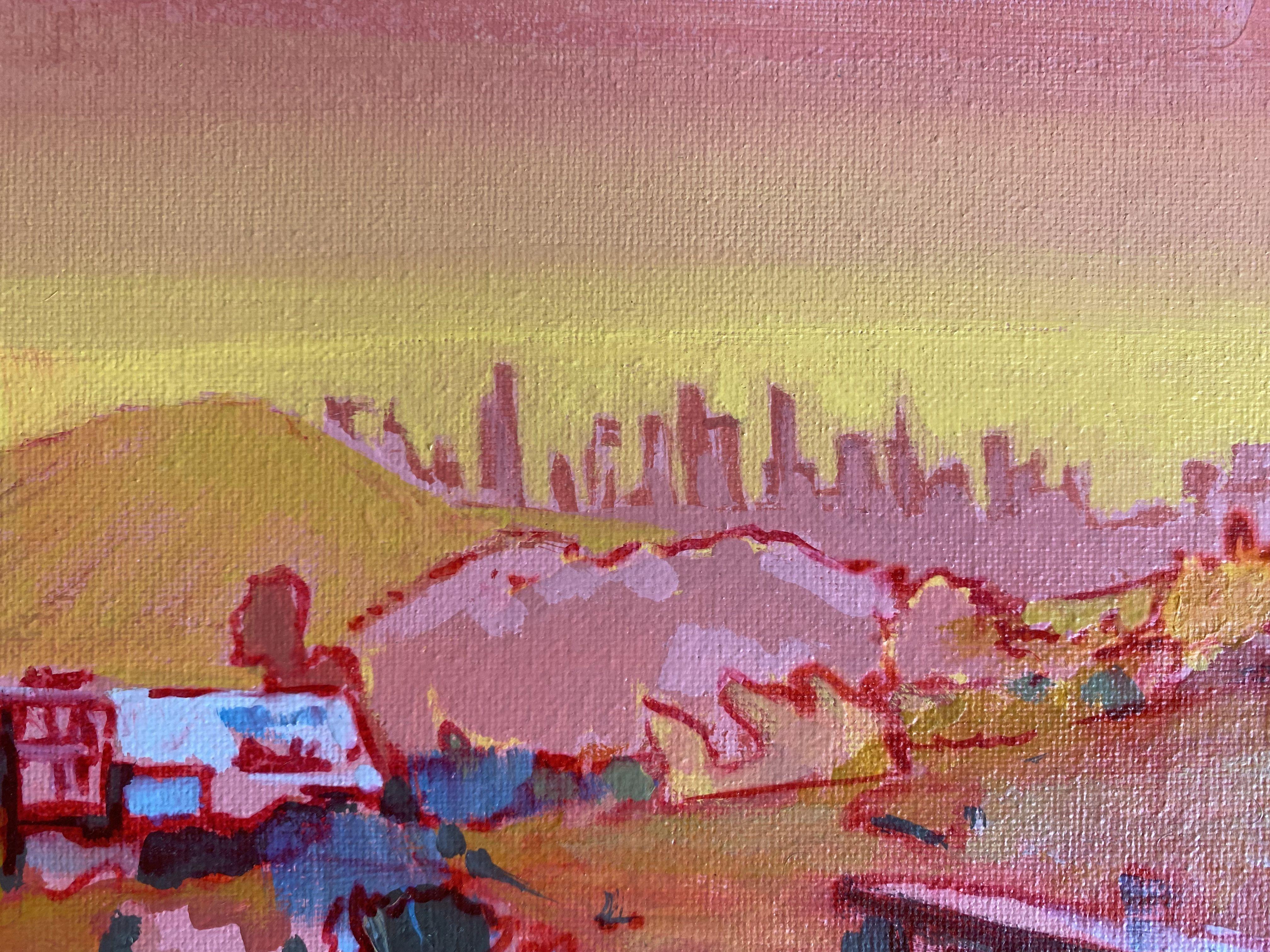 Hay tantos colores que parecen imposibles. En lo alto de las colinas, mirando hacia el sol poniente, siento una calidez y un parentesco con esta ciudad.   :: Pintura :: Bellas Artes :: Esta obra viene con un certificado oficial de autenticidad