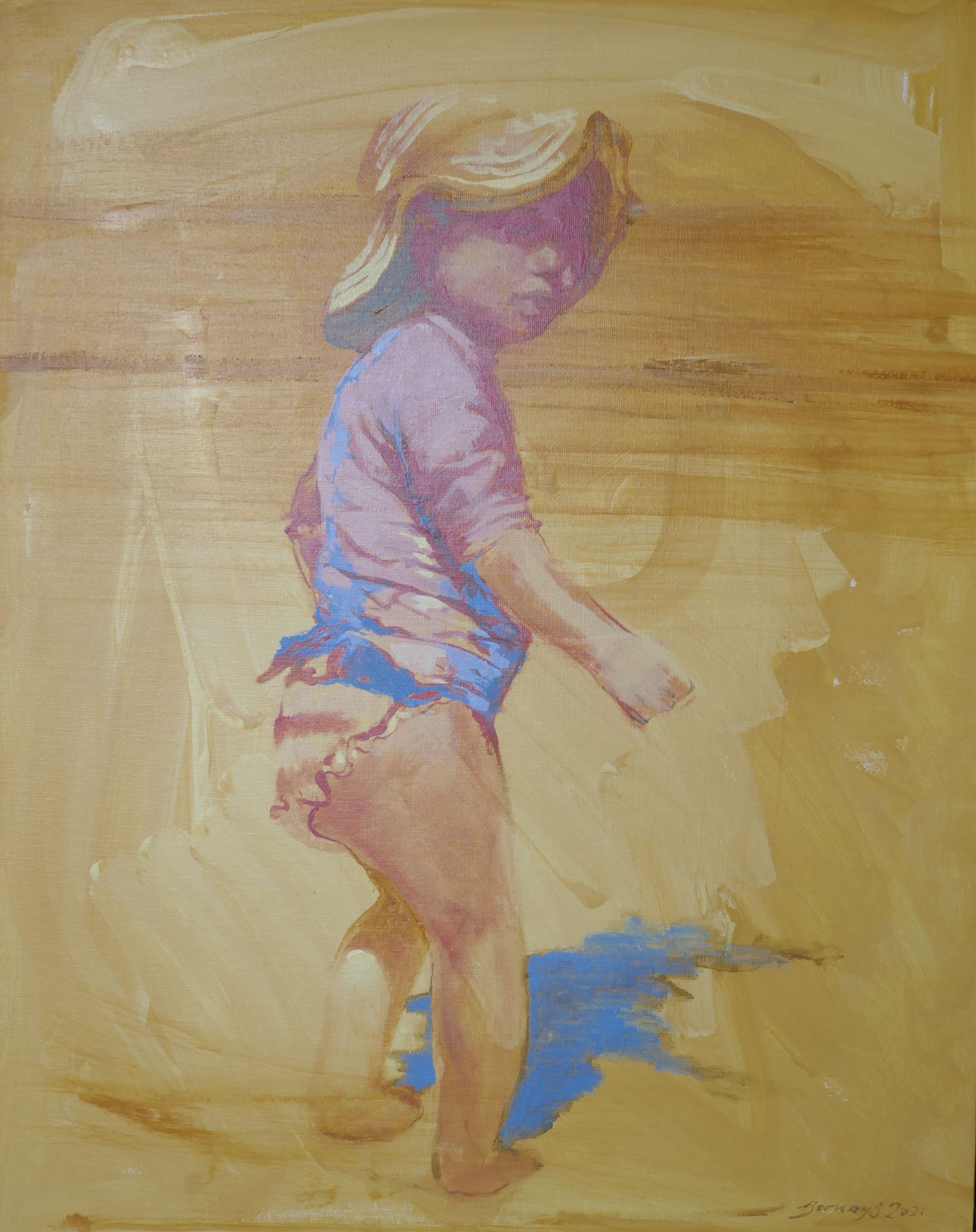 Petit bébé de plage bleu, peinture à l'acrylique sur toile - Painting de Amy Bernays