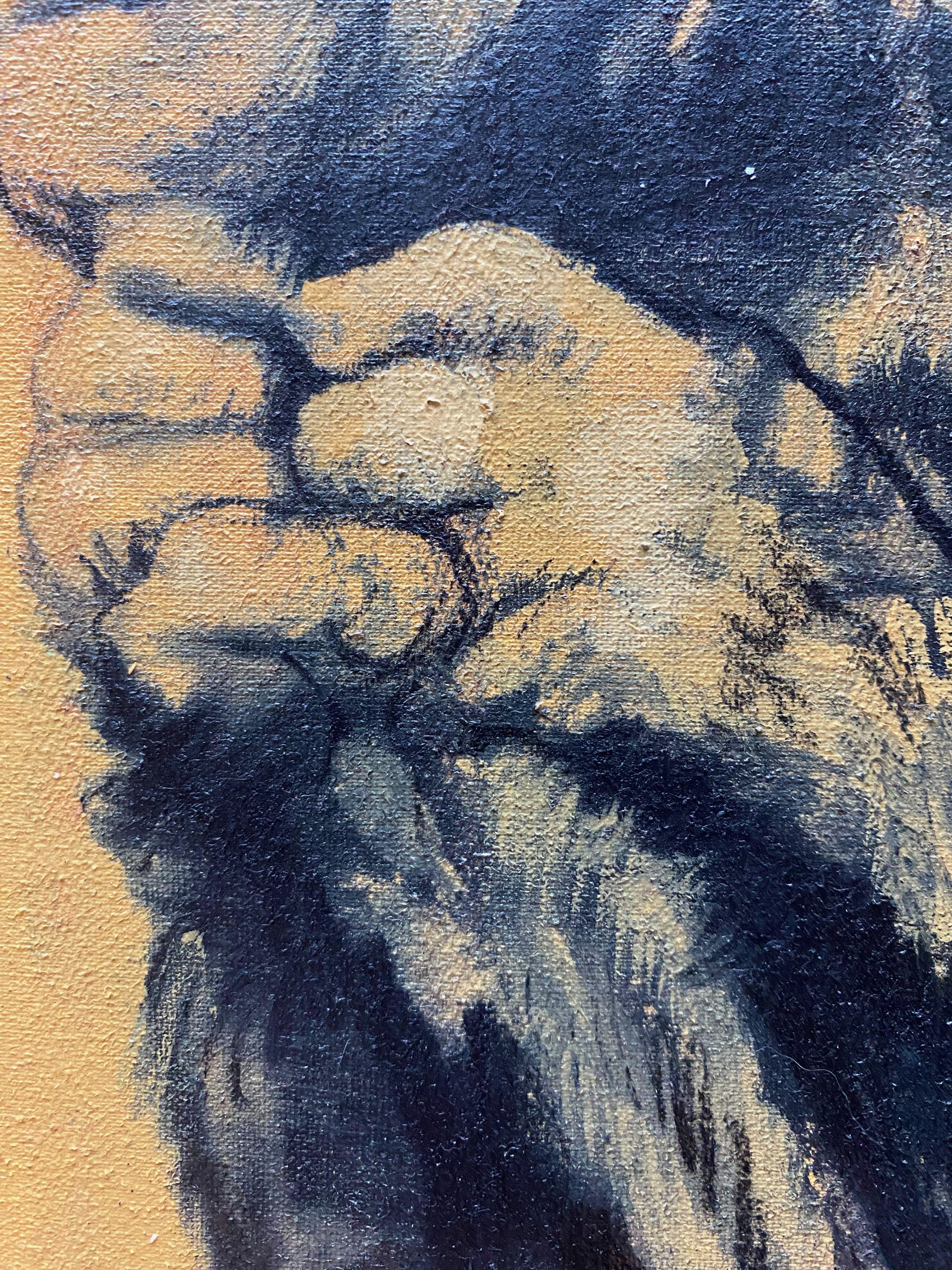 Questo disegno di Angela, una femmina di 4 anni, mi è rimasto impresso. Mi sono identificata con la sua preoccupazione e la sua ansia. Questi nostri cugini barcollano ai margini della foresta primordiale. Nudi di fronte all'imminente cambiamento