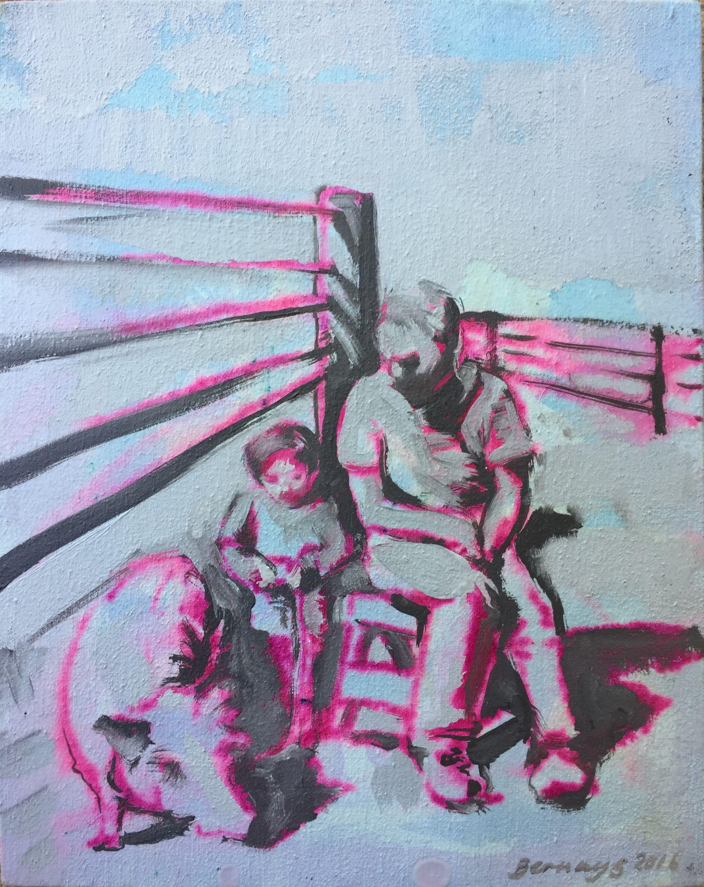 This is a small gray and pink painting. The bucolic subject of a little boy with his pig and father is referenced with the bright pink felt tip pen I used for the initial sketch. Secured with a layer of varnish, and detailed with oil paint. This is