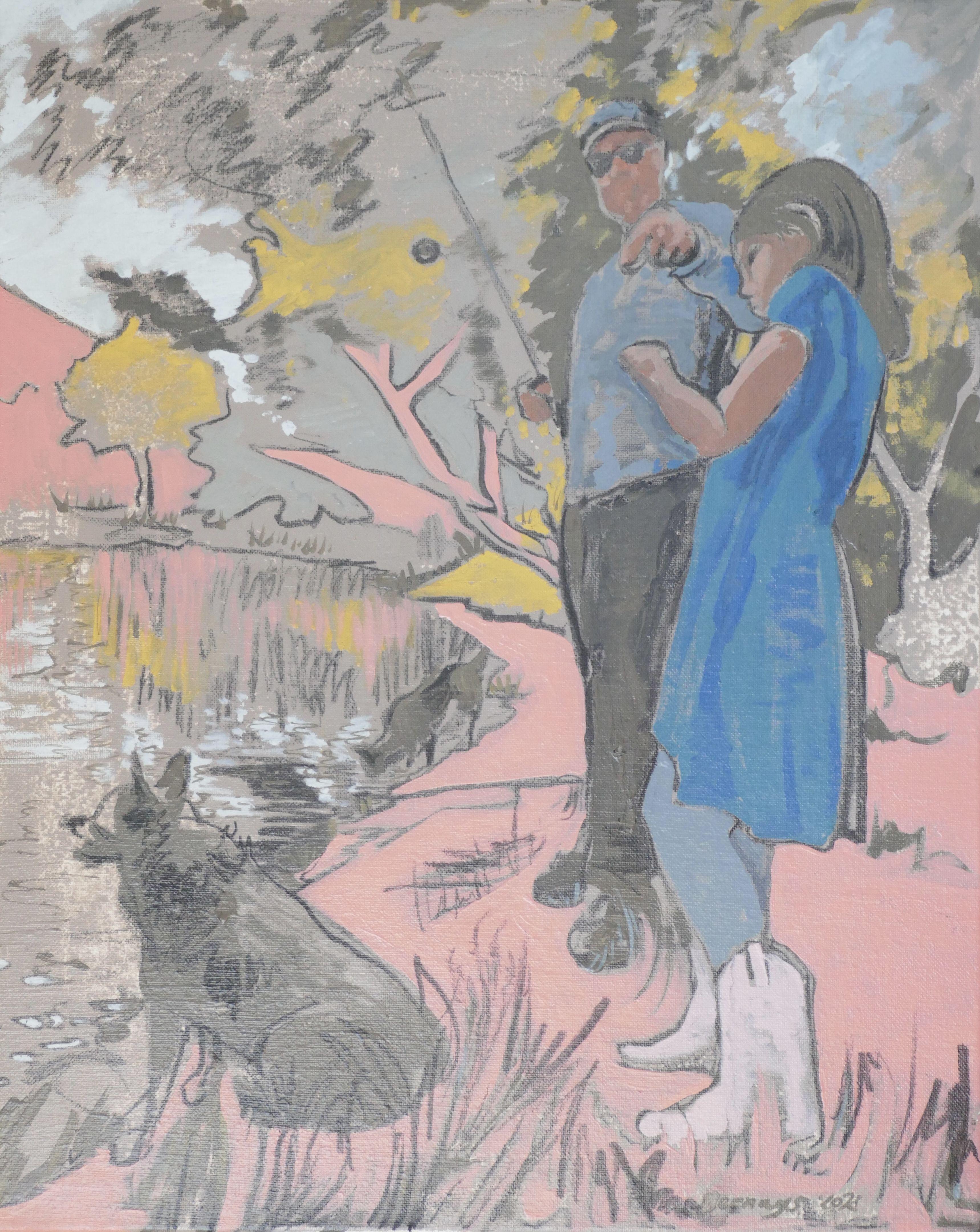 A portrait of relationships, perhaps a homage to the family dynamic. Grounded in the pink boots; guarded by Blue. The cat isnΓÇÖt part of the source photo. He slinked into my painting under the pink branches and through the blue sky.  A lot of