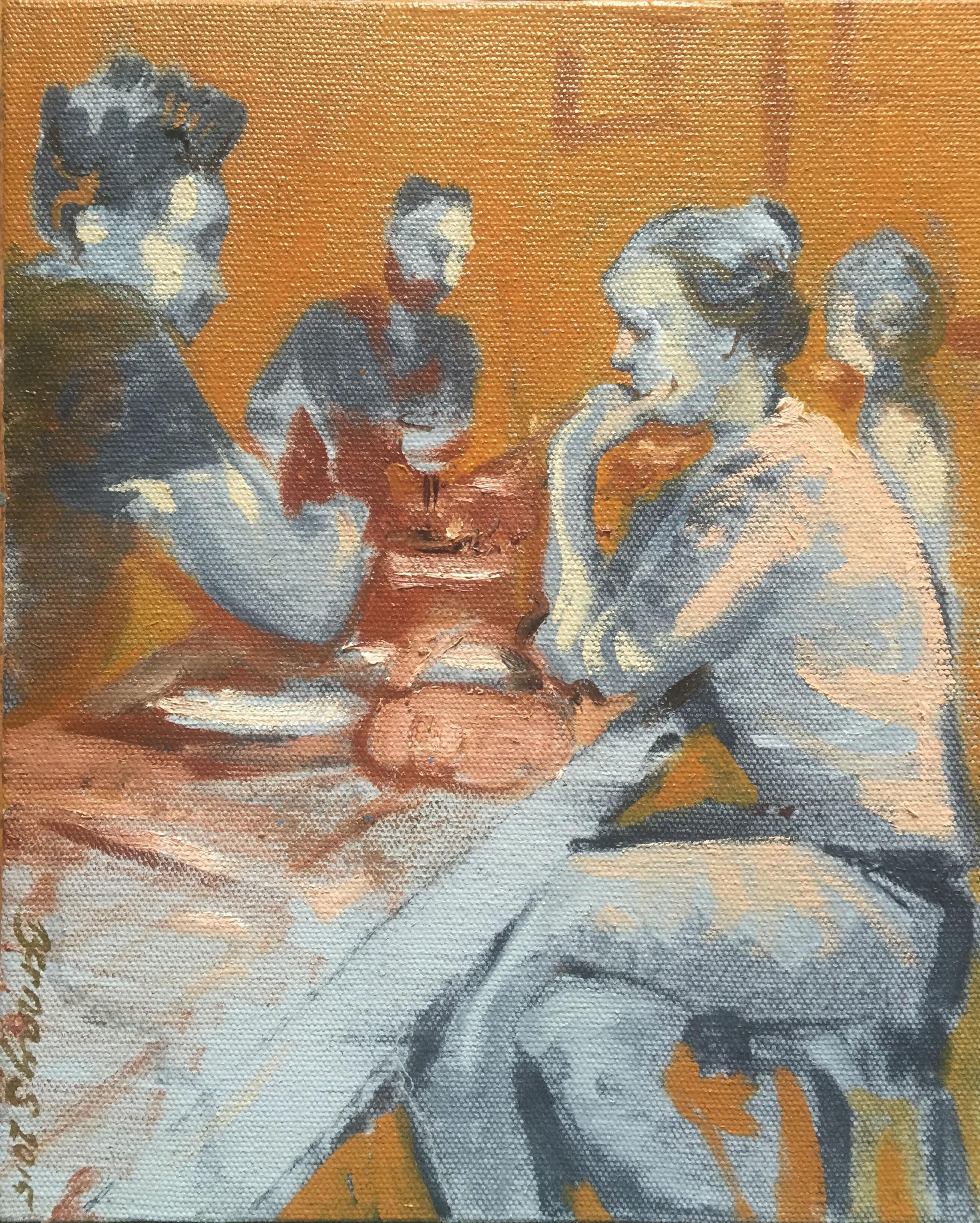 This is a pair for the Blue Date. A slightly larger painting of another scene of a girl on a date. In this one, there is the dubious conviction and storytelling of this interpersonal dance. The lives of young people are filled with others, the