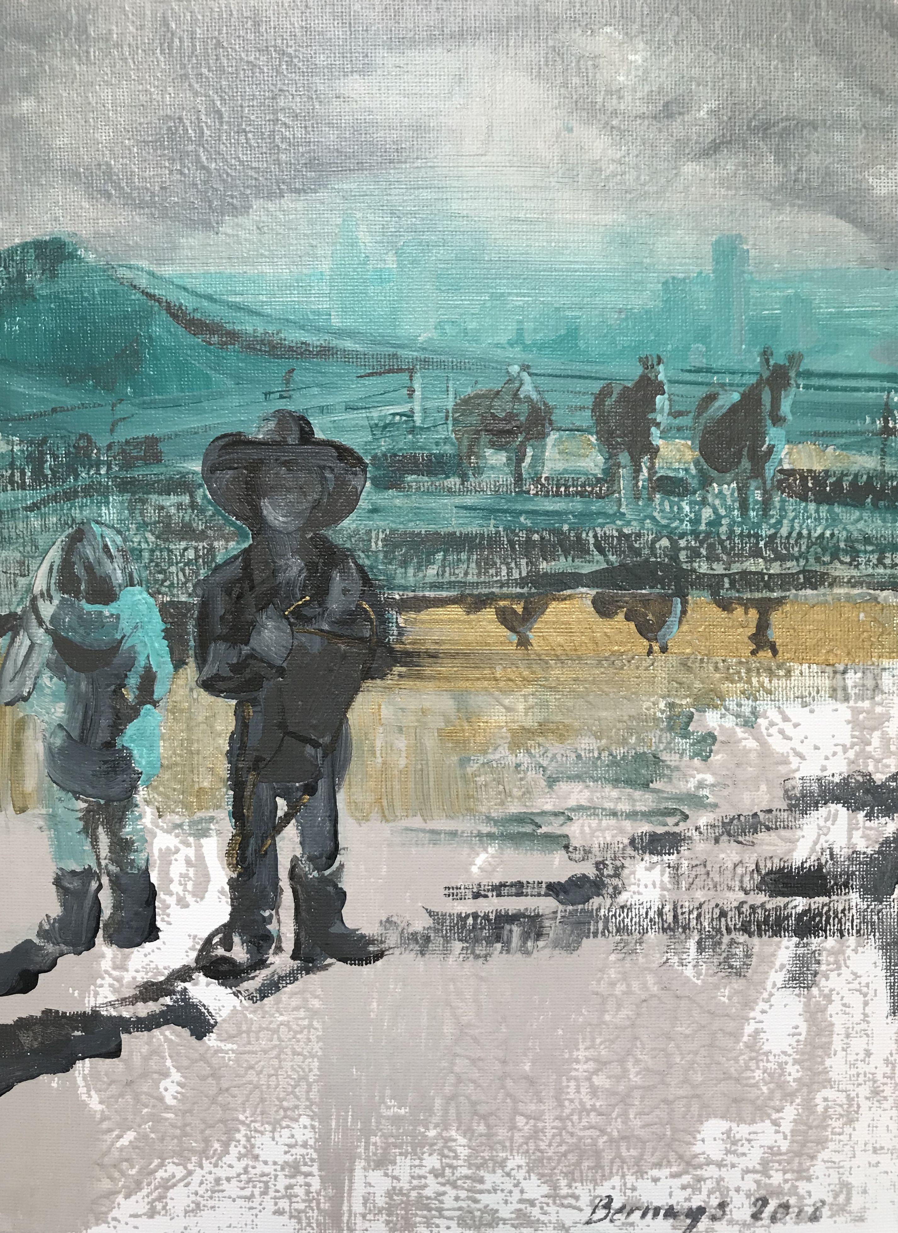 A play between opposites. I enjoyed the teal and gold, I painting the contemporary LA downtown skyline, boarded by the rural hills and horses in the foreground. The rough of the paint and mud; the smooth of the reflection. The boy and girl, facing